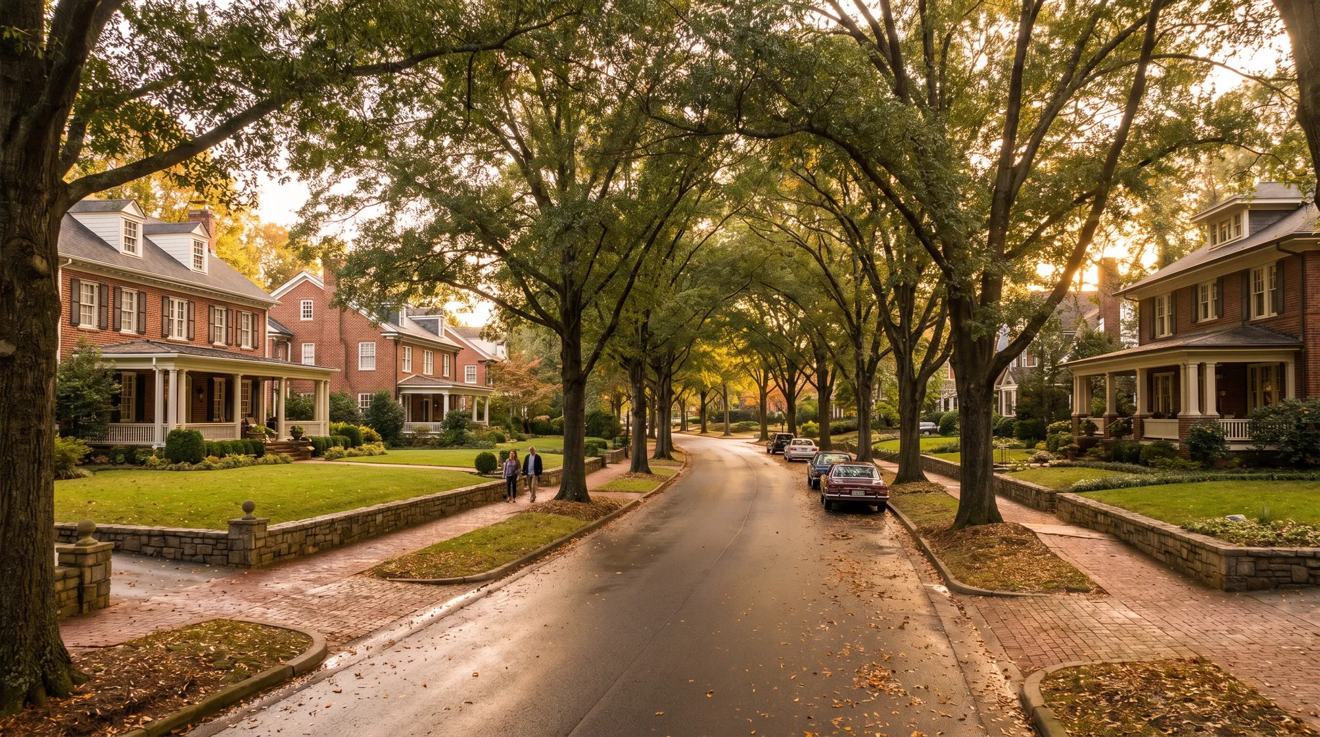 Myers Park Charlotte NC historic estate neighborhood with brick colonial homes, mature oak tree canopy, stone walls, and wide brick sidewalks at golden hour