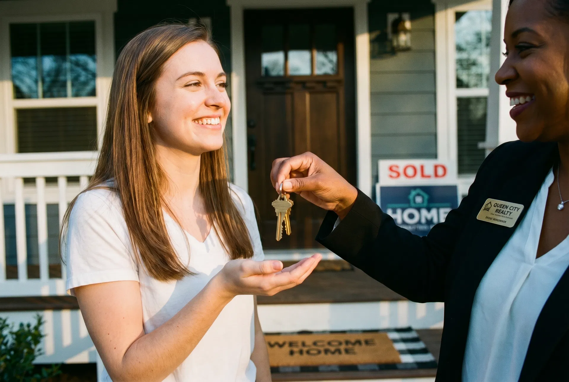 First-time homebuyer receiving house keys from real estate agent at front door of newly purchased Charlotte NC home