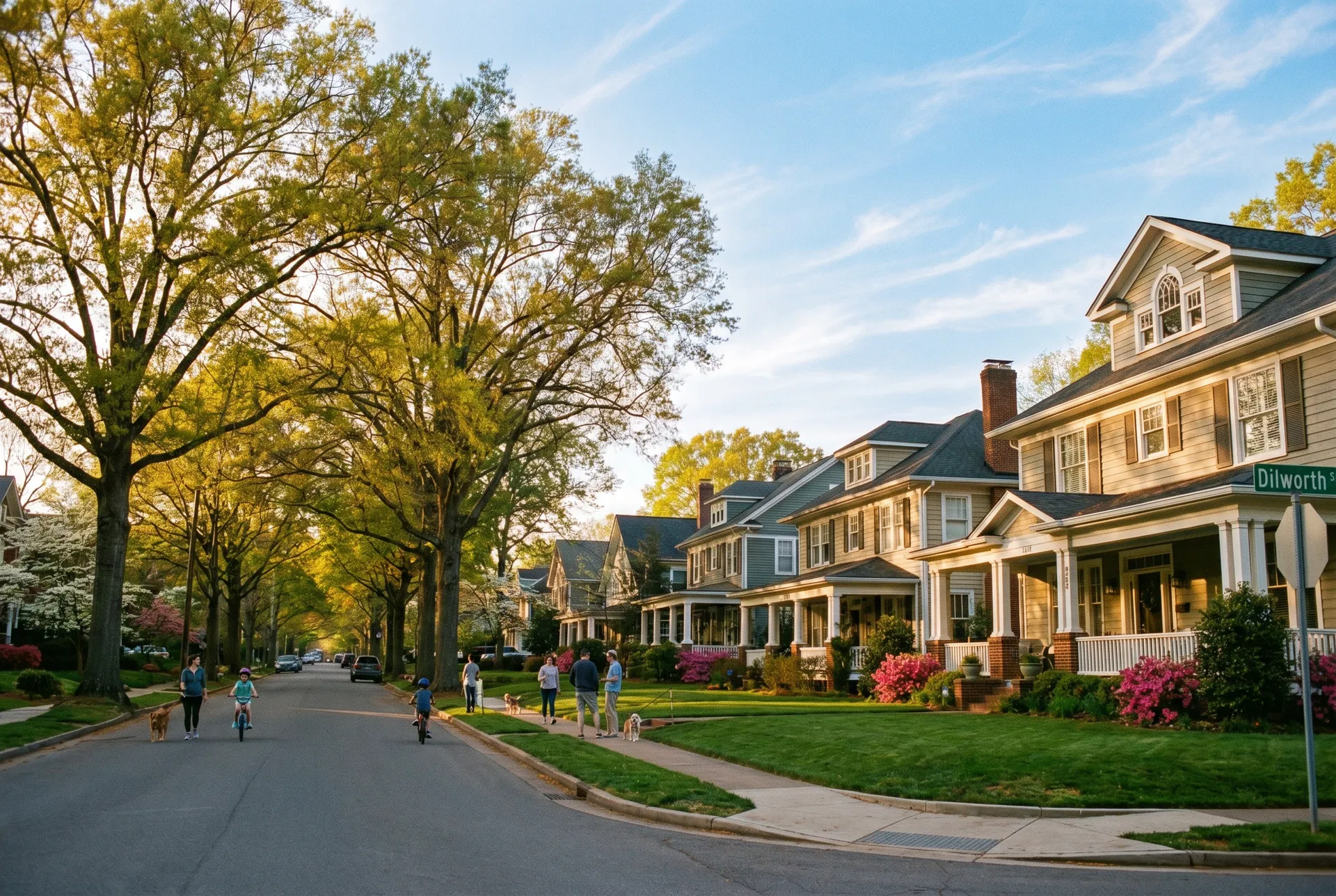 Tree-lined residential street in Dilworth Charlotte NC neighborhood showing family homes with manicured lawns and sidewalks