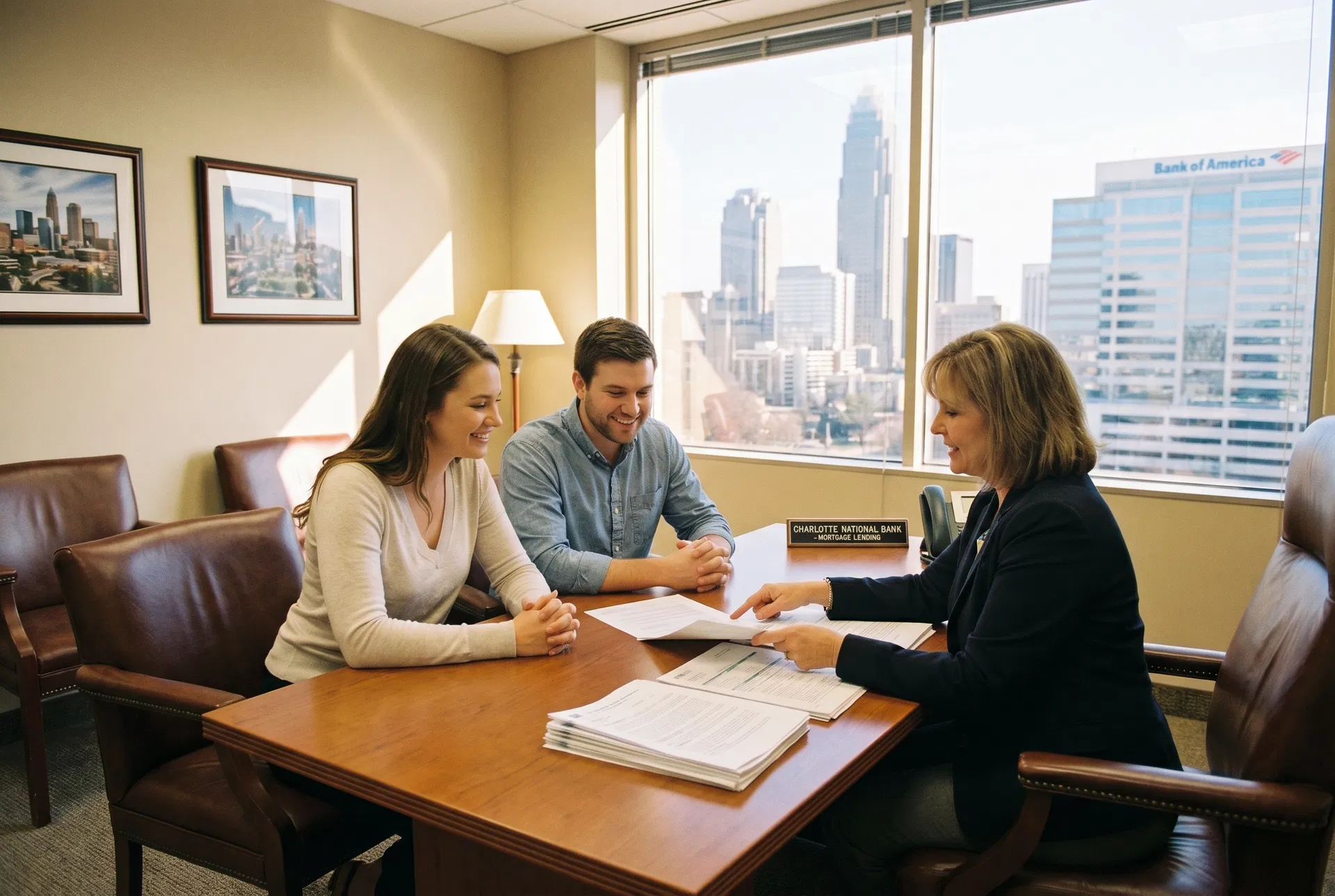 First-time homebuyers meeting with mortgage lender in Charlotte NC bank office to review pre-approval documents and loan terms