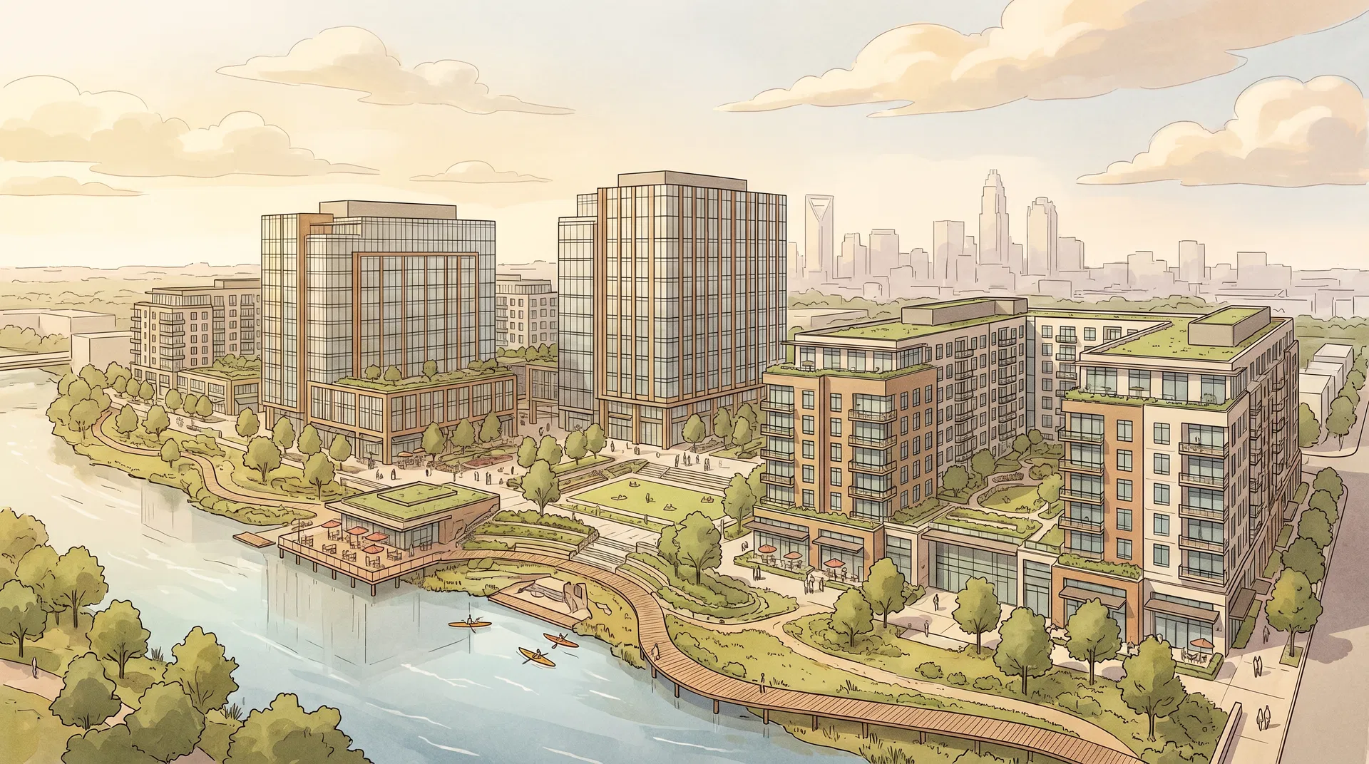 Architectural illustration of the planned River District mixed-use development along the Catawba River in Charlotte NC with Charlotte skyline in background