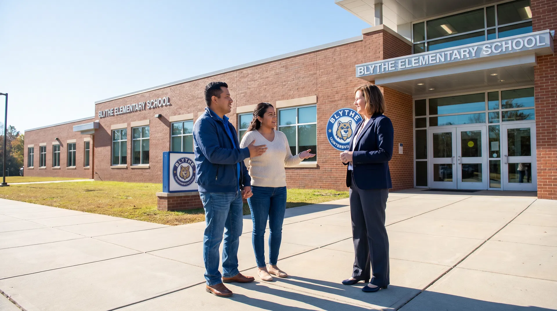 Latino couple touring Blythe Elementary School exterior in Huntersville North Carolina with school administrator on a sunny morning