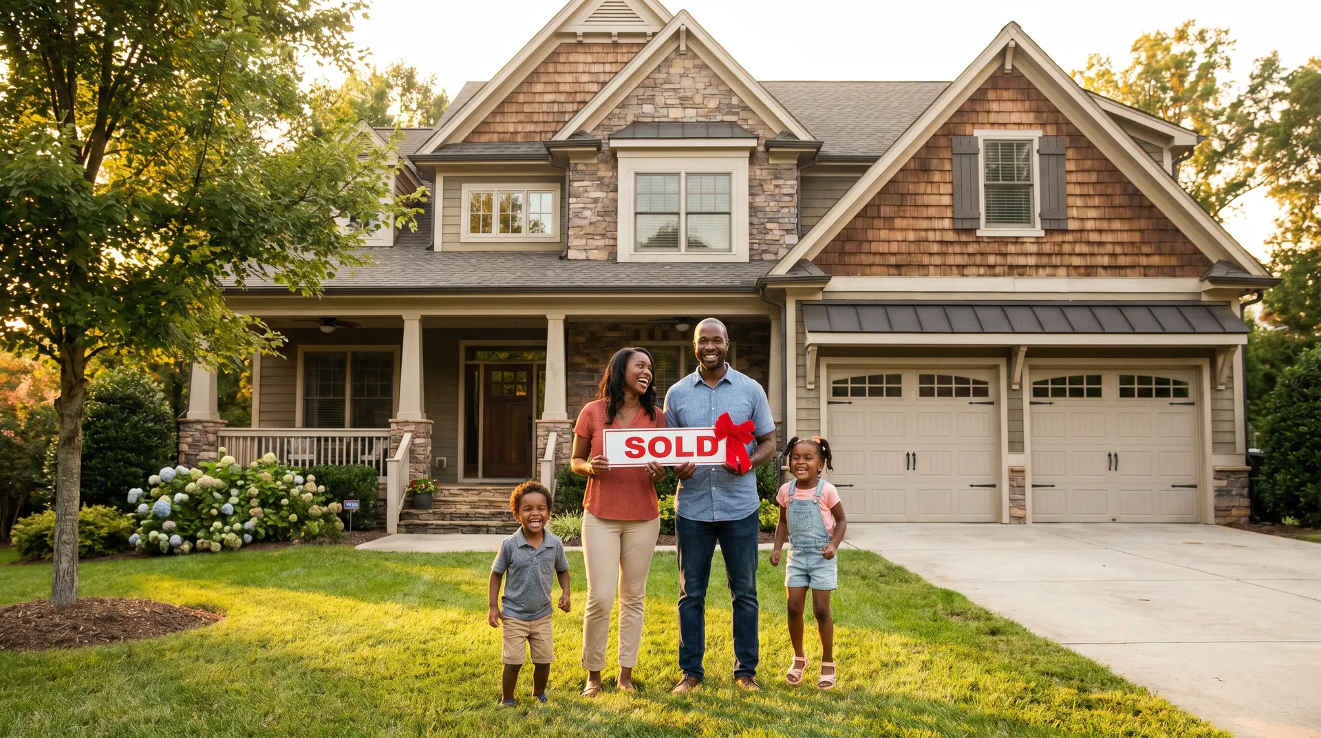 Black family of four celebrating home purchase with sold sign in front of craftsman-style home in Huntersville North Carolina at golden hour