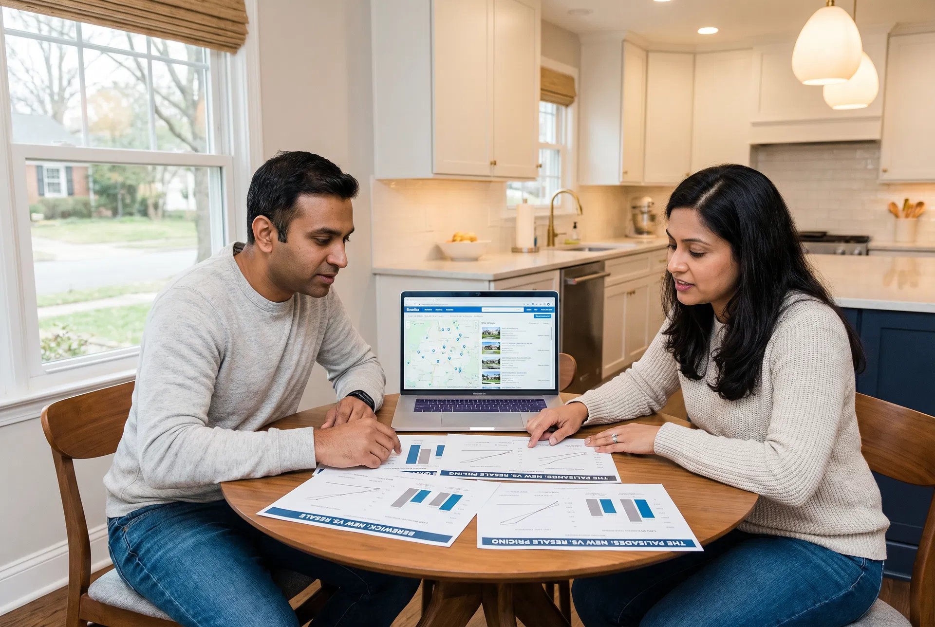 South Asian couple reviewing new construction vs. resale pricing comparison sheets for Berewick and The Palisades Charlotte NC neighborhoods