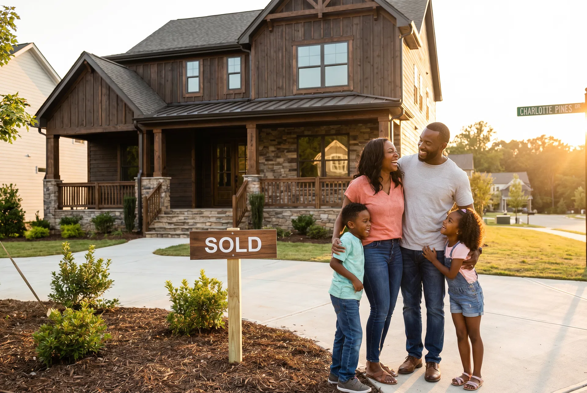 Black family celebrating their new home purchase in Charlotte Pines neighborhood Steele Creek Charlotte NC with sold sign at golden hour