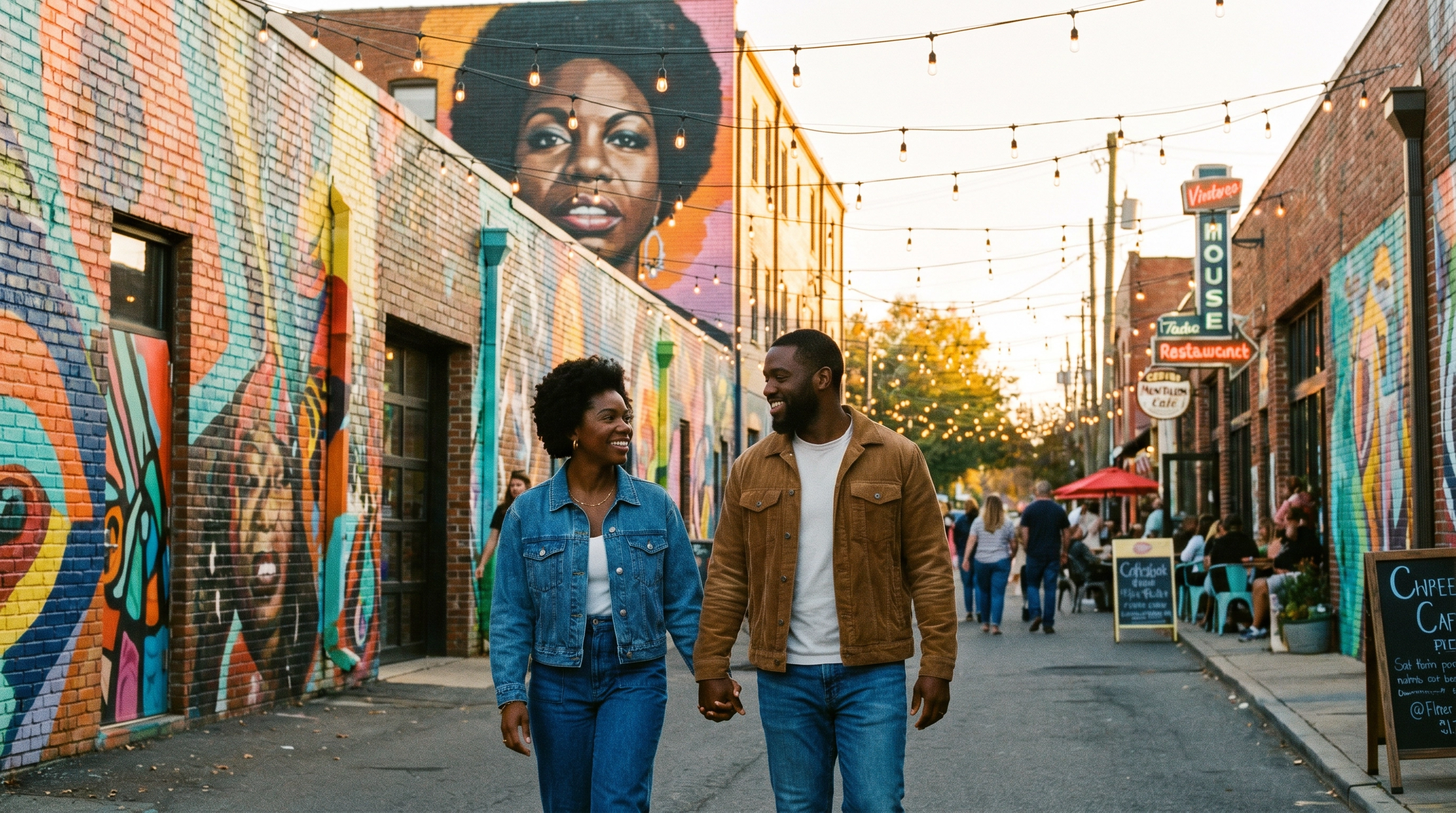 Black couple walking hand-in-hand along North Davidson Street in Charlotte NC NoDA arts district with colorful murals and string lights at golden hour