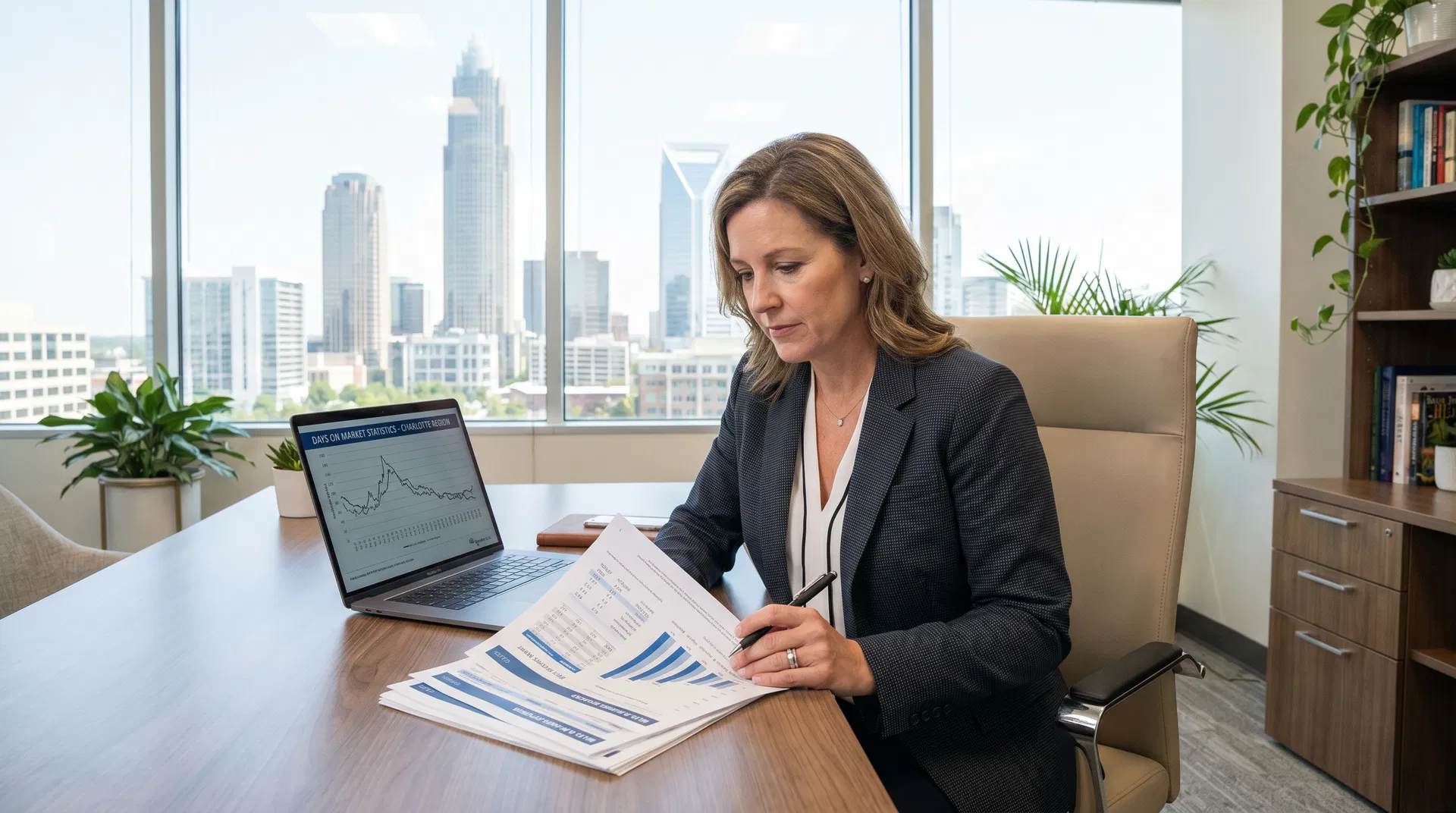 Real estate advisor reviewing Charlotte NC days-on-market statistics and MLS data charts in office with city skyline view