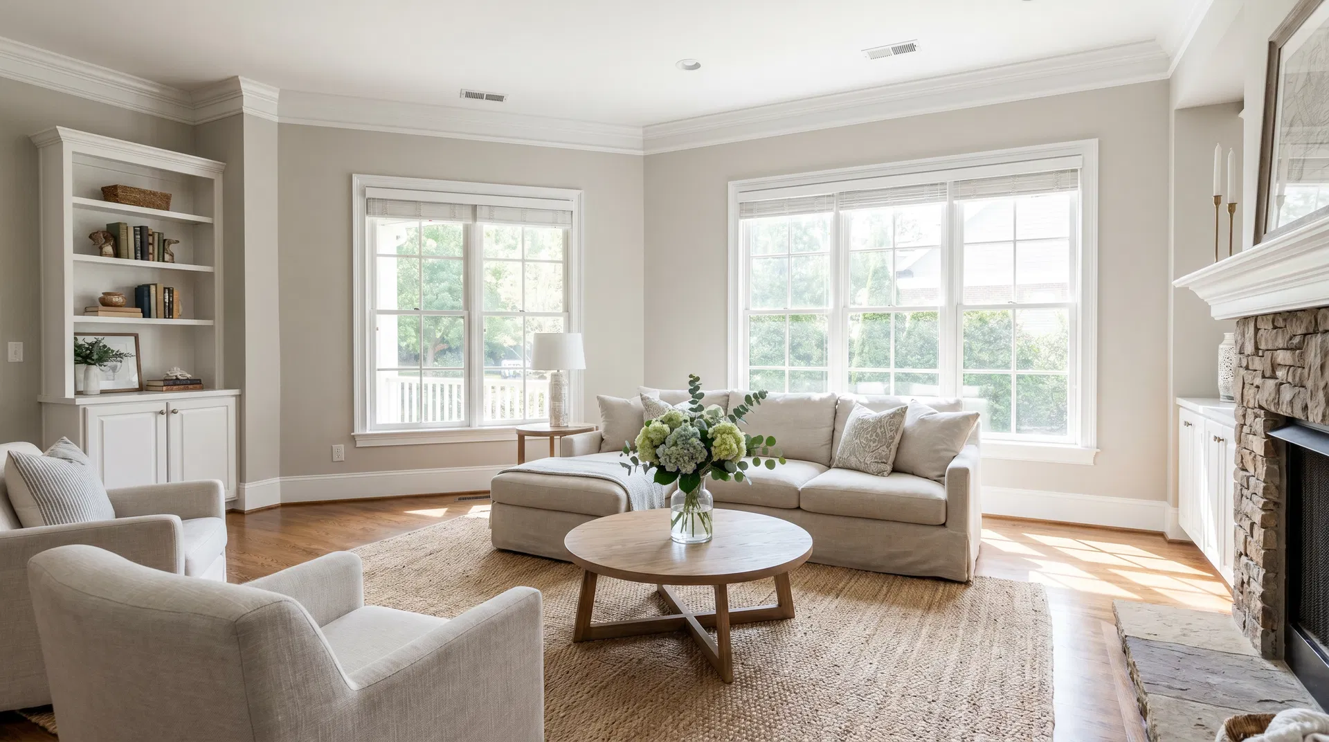 Beautifully staged Charlotte NC home living room with neutral paint, fresh flowers, and natural light — move-in ready for faster sale