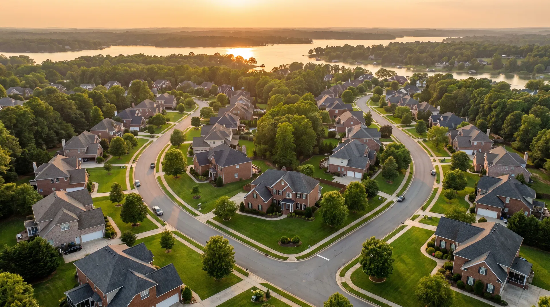 Aerial view of Clover SC neighborhood with Lake Wylie visible in background at golden hour