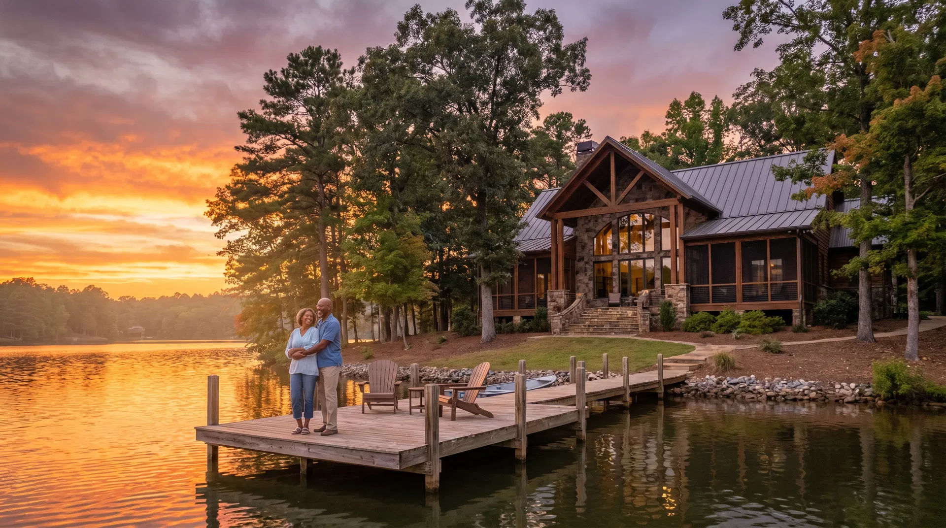 Black couple standing on private dock at Kings Mountain NC lakefront home at sunset with stone cottage in background