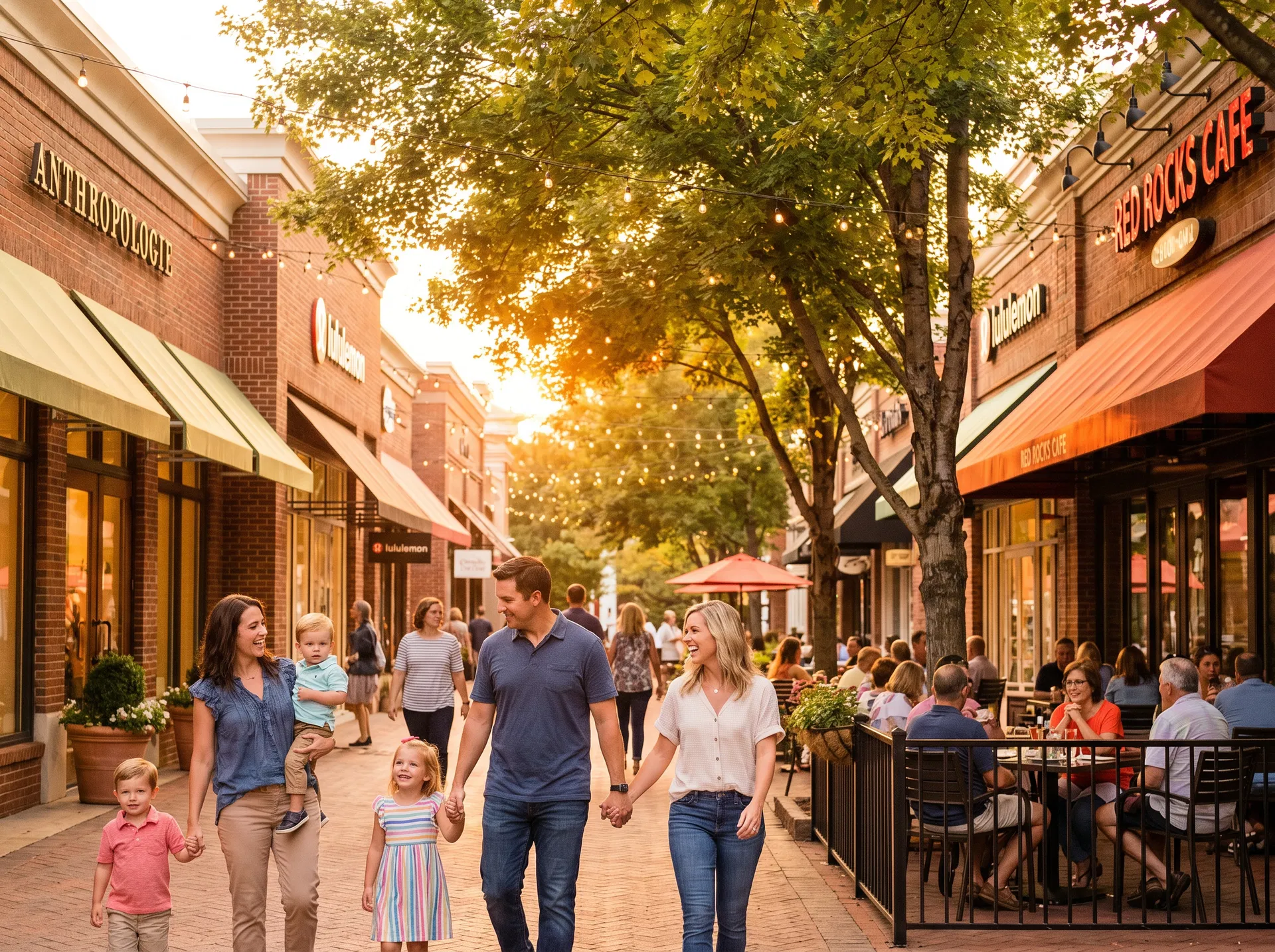 Birkdale Village outdoor shopping district in Huntersville NC at golden hour with families strolling tree-lined pedestrian walkway