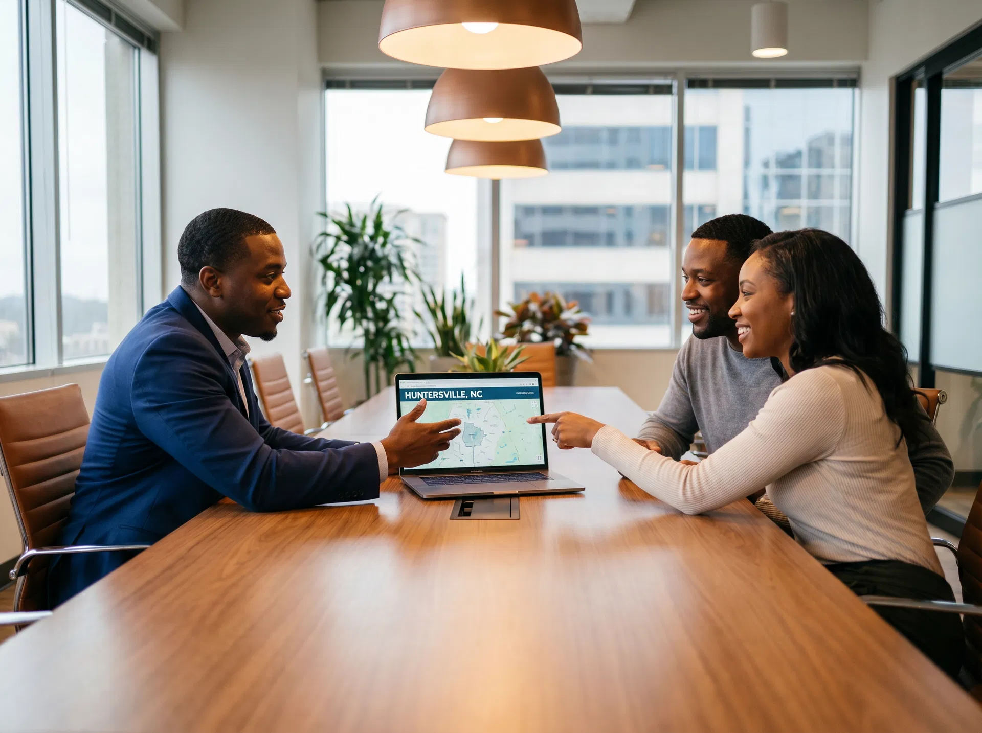 Black real estate advisor reviewing Huntersville neighborhood map with Black couple at modern conference table in Charlotte NC