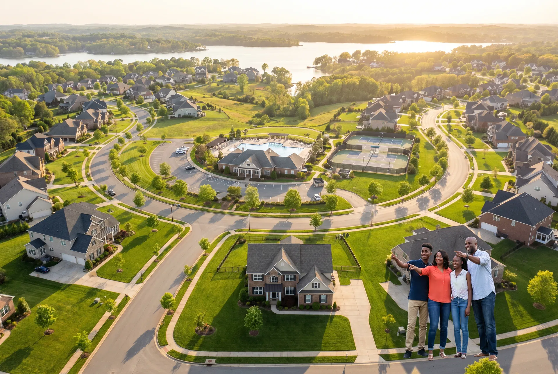 Aerial view of York County SC master-planned community with Lake Wylie in background and Black family on front lawn