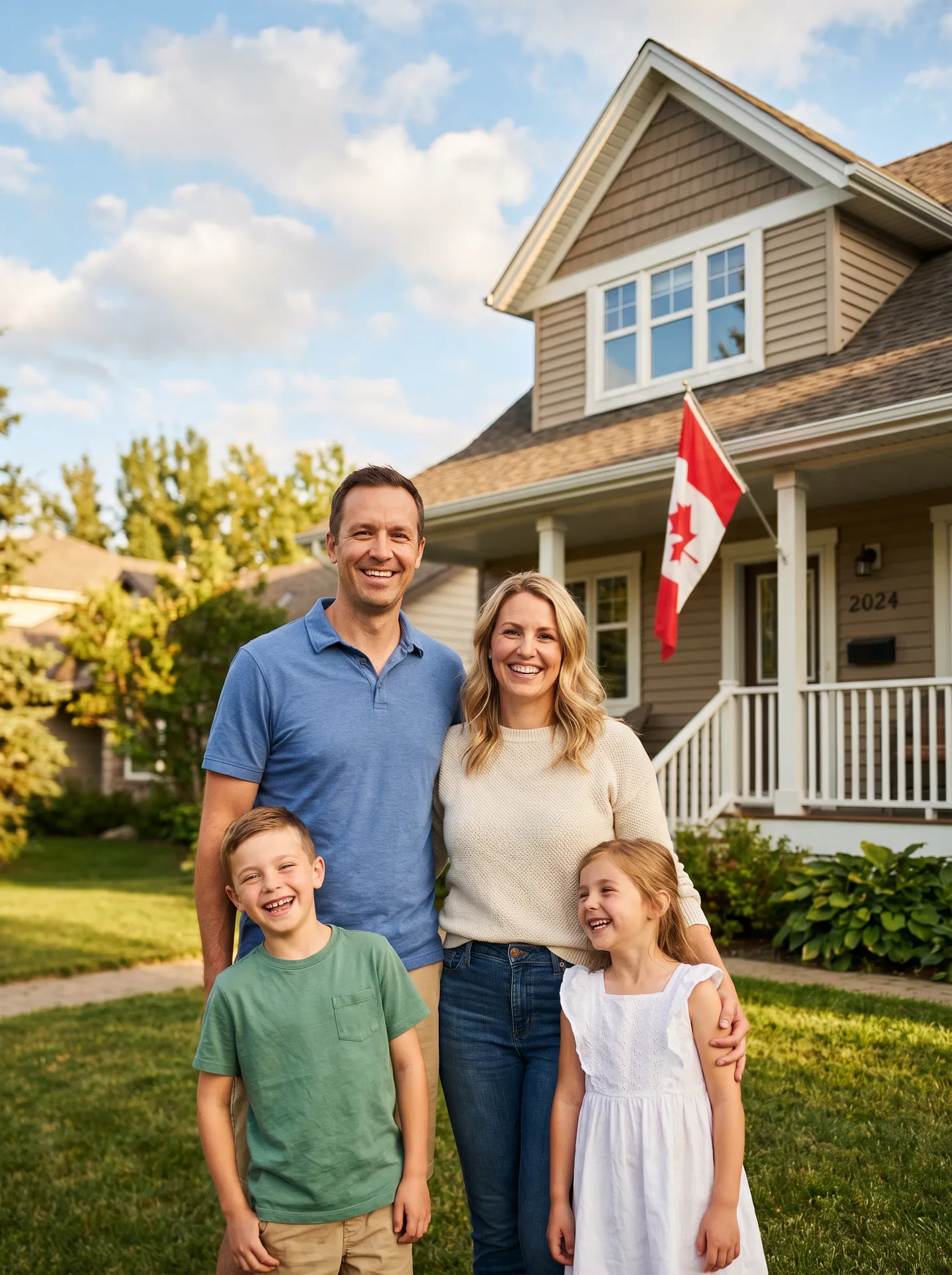 Happy Canadian family celebrating financial freedom in front of their home