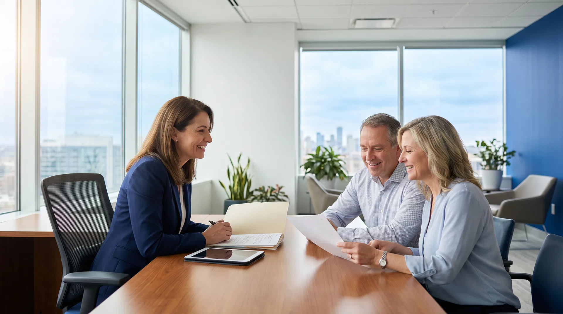 Financial advisor consulting with a couple in a modern office