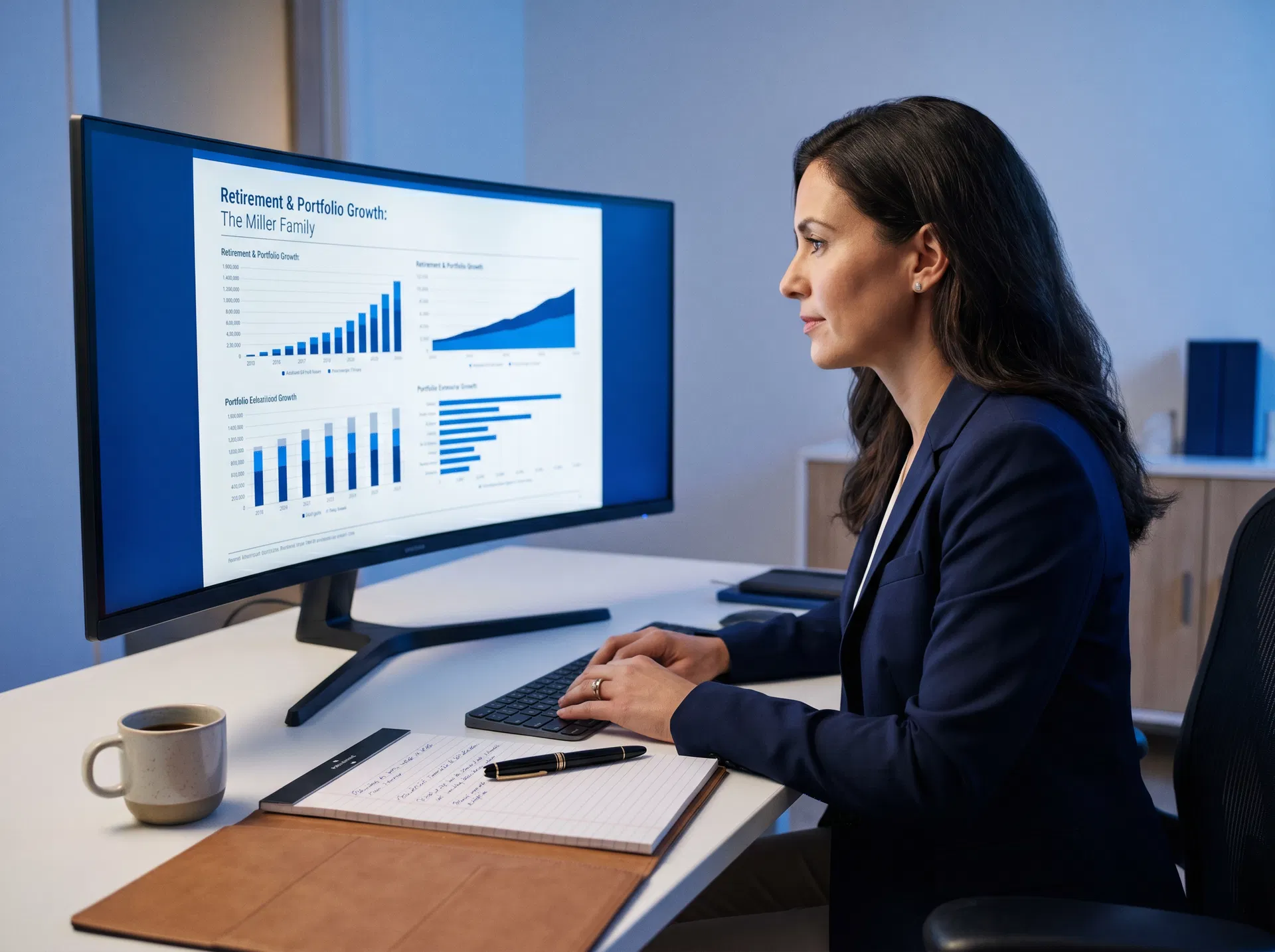 Financial analyst reviewing a personalized plan on screen