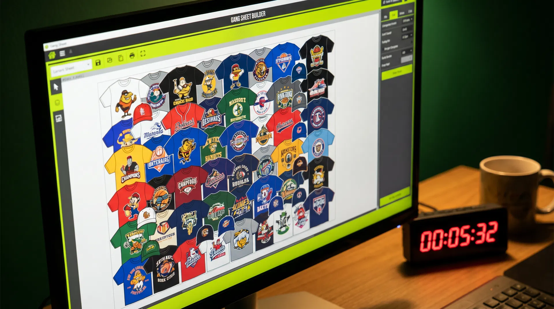 Gang sheet builder software showing auto-arranged designs with a timer on the desk