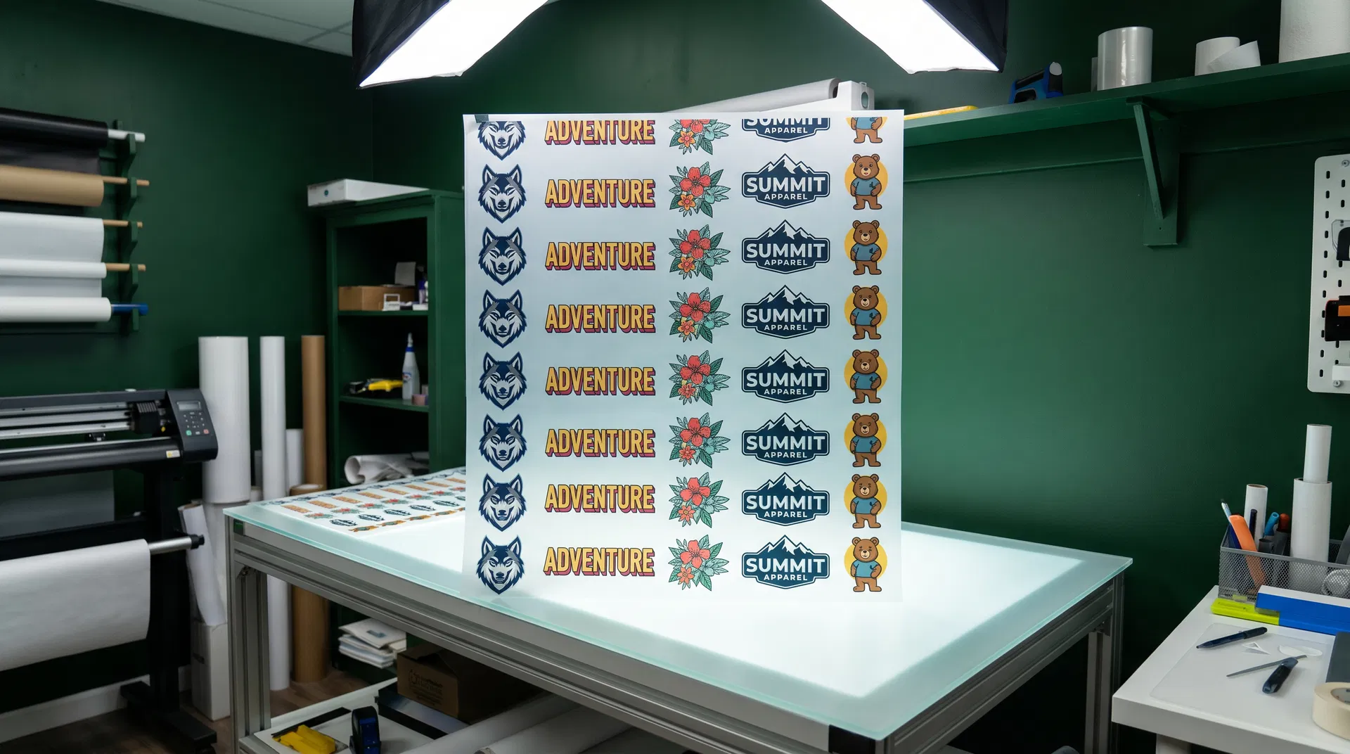 DTF gang sheet with colorful designs arranged on a light table