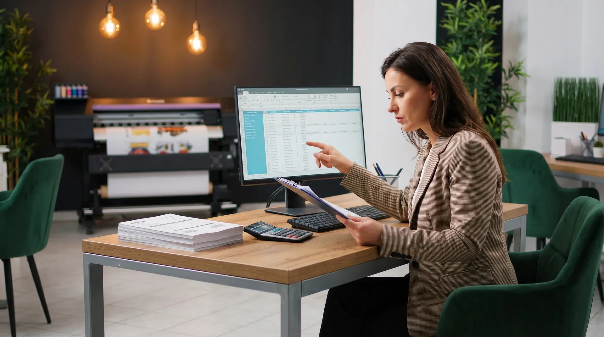 Print shop owner reviewing pricing spreadsheets at a desk with DTF printer in background