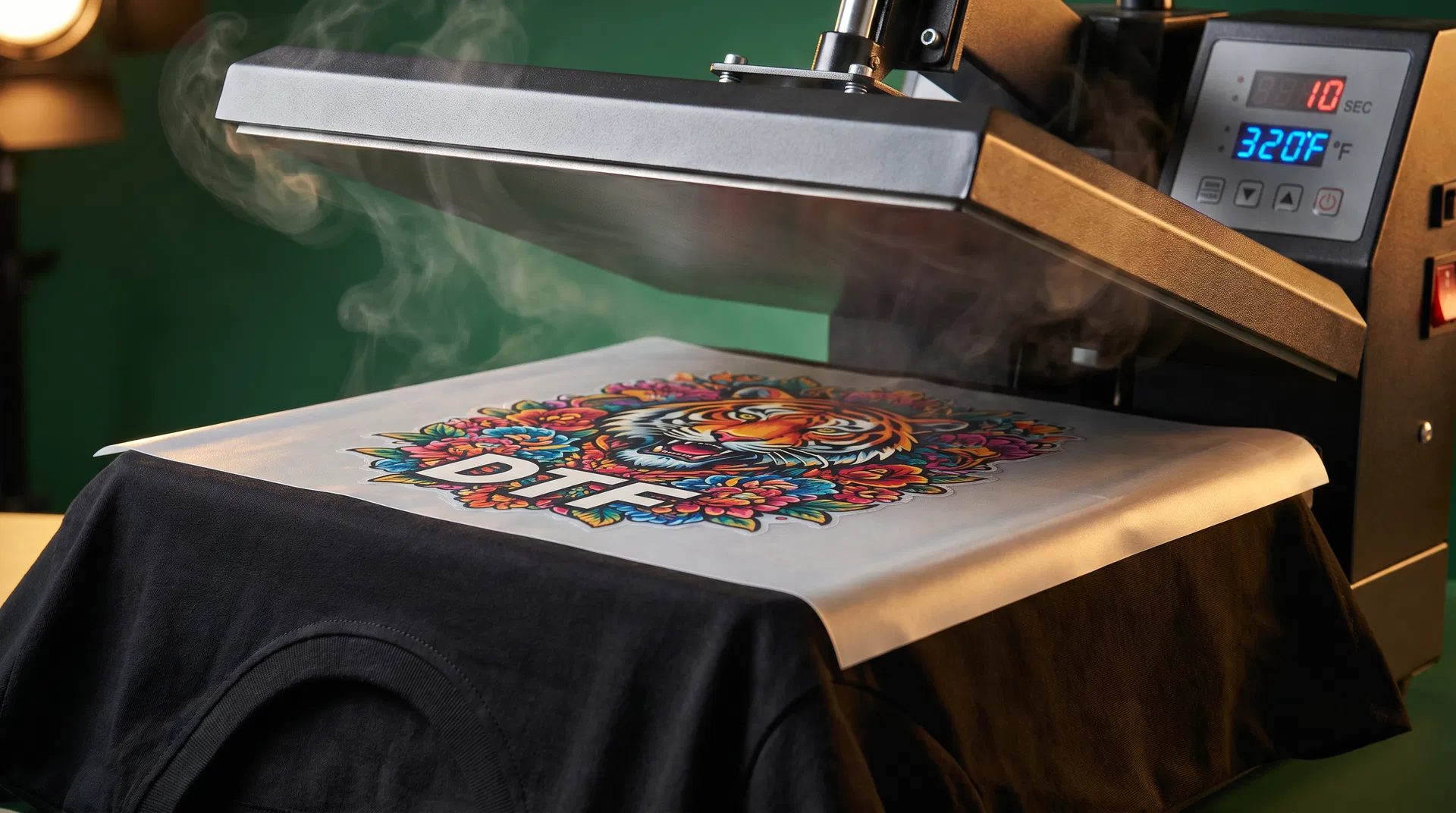 DTF heat transfer being pressed onto a black t-shirt with vibrant colors