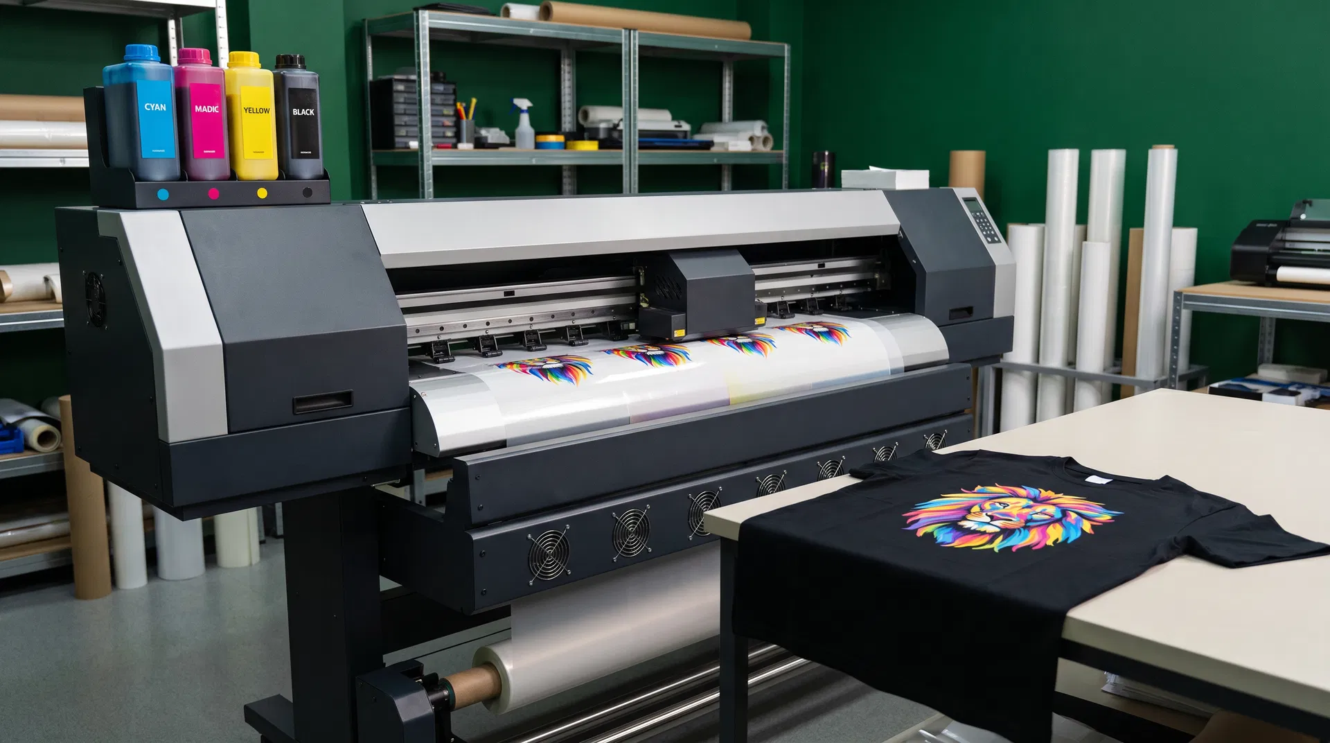 Modern DTF printer in action with vibrant custom apparel