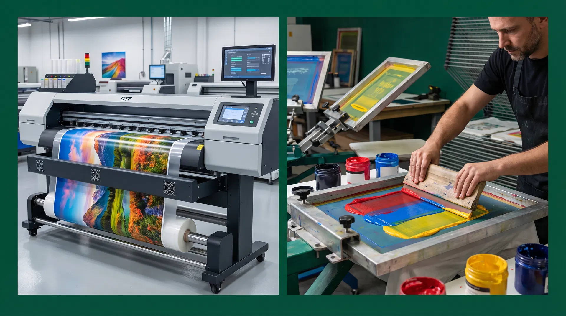 Side-by-side comparison of DTF printer and screen printing setup