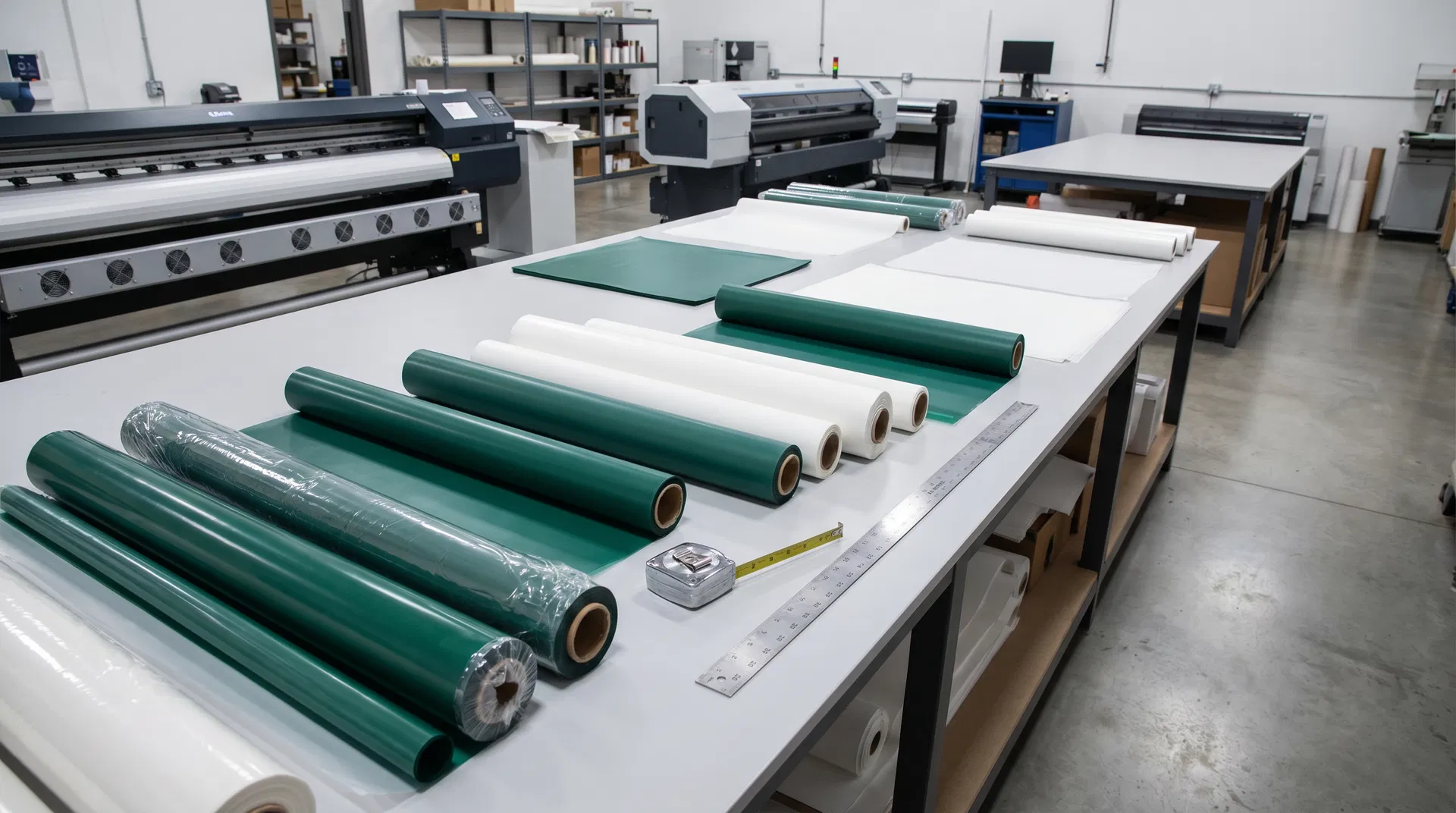DTF film rolls of different sizes laid out on a professional print shop table