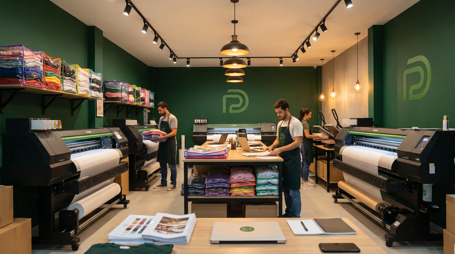 Thriving DTF print shop with multiple printers running and team working efficiently