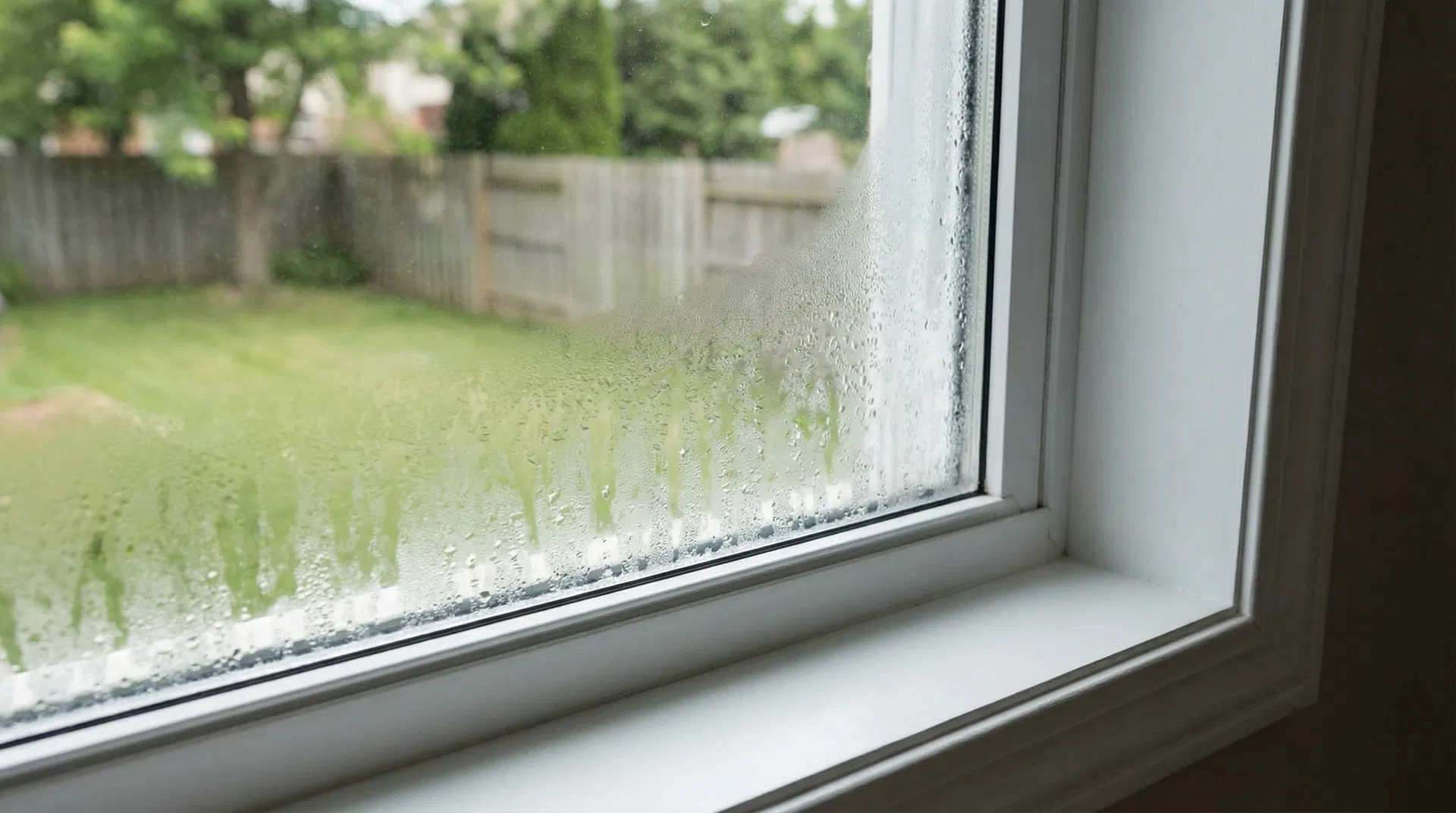 Foggy double-pane window with condensation between glass