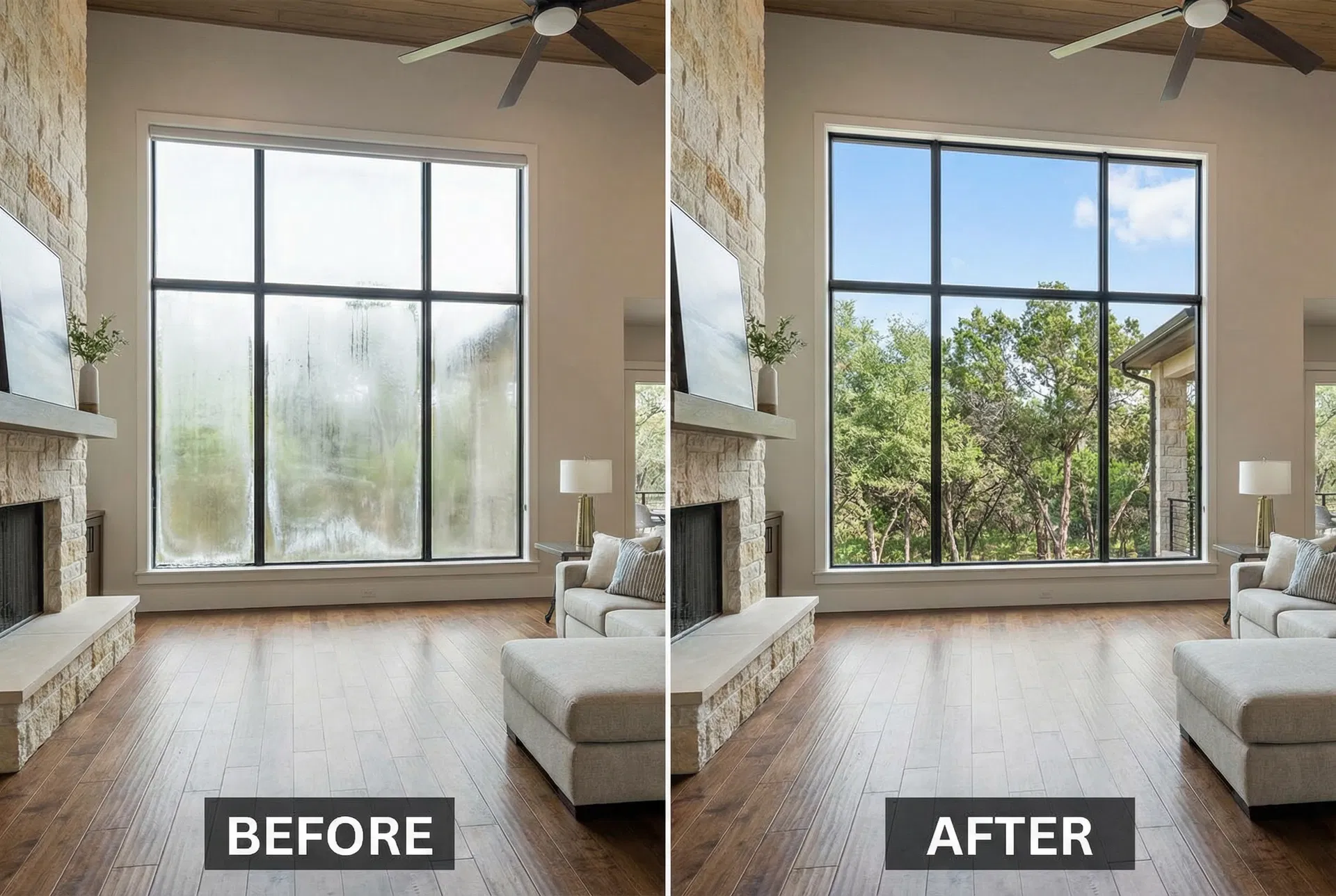 Before and after foggy glass replacement - Living Room Picture Window in Frisco, TX
