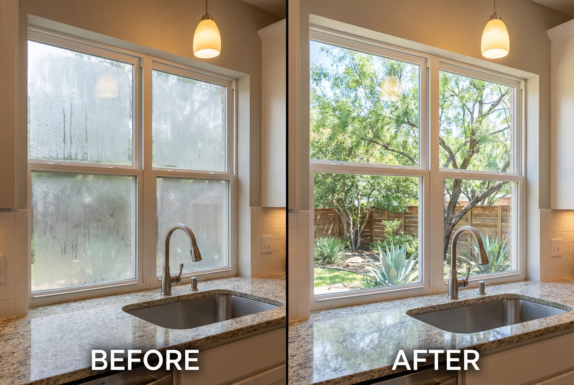 Before and after foggy glass replacement - Kitchen Window Over Sink in Plano, TX