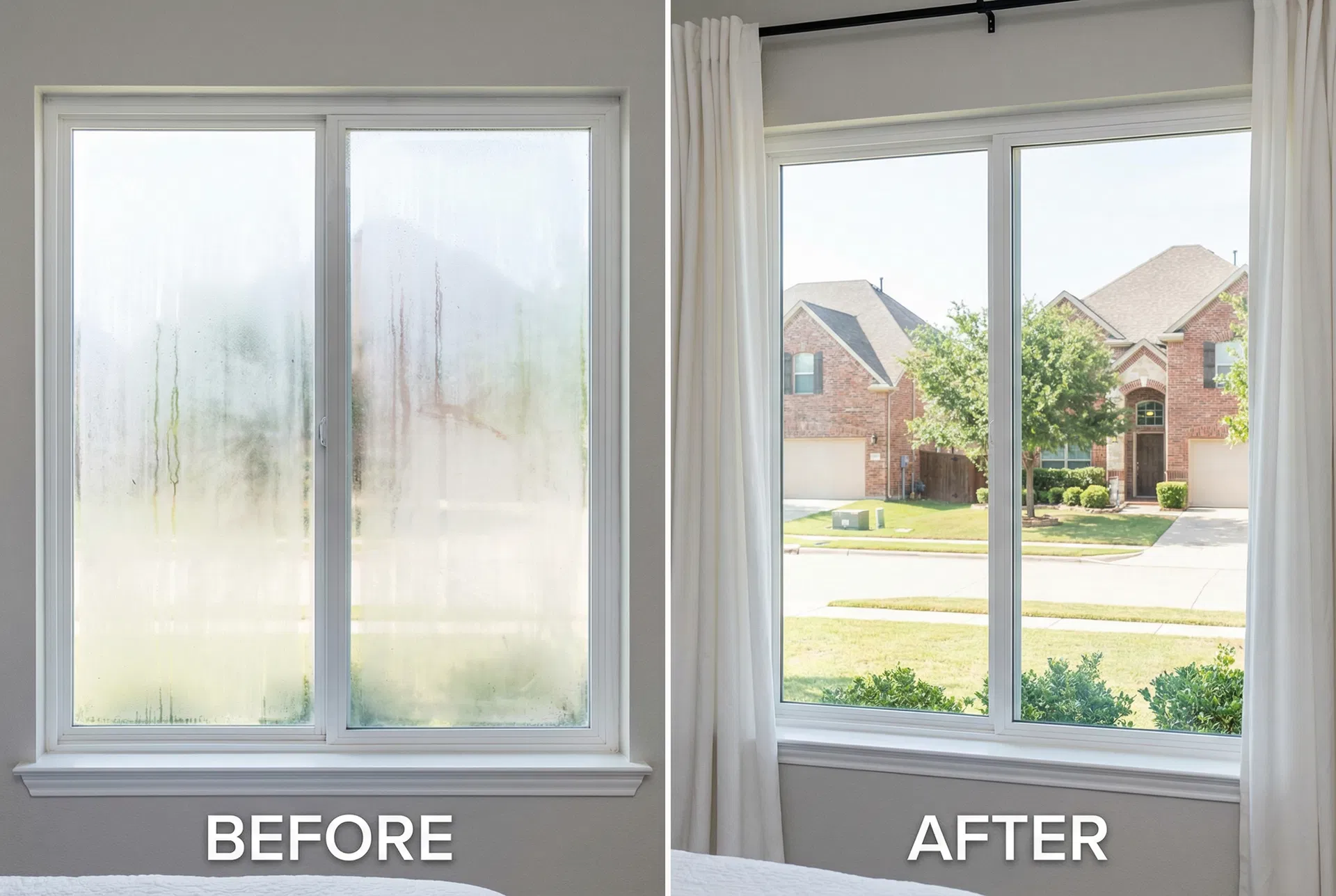 Before and after foggy glass replacement - Bedroom Window — Seal Failure in Allen, TX