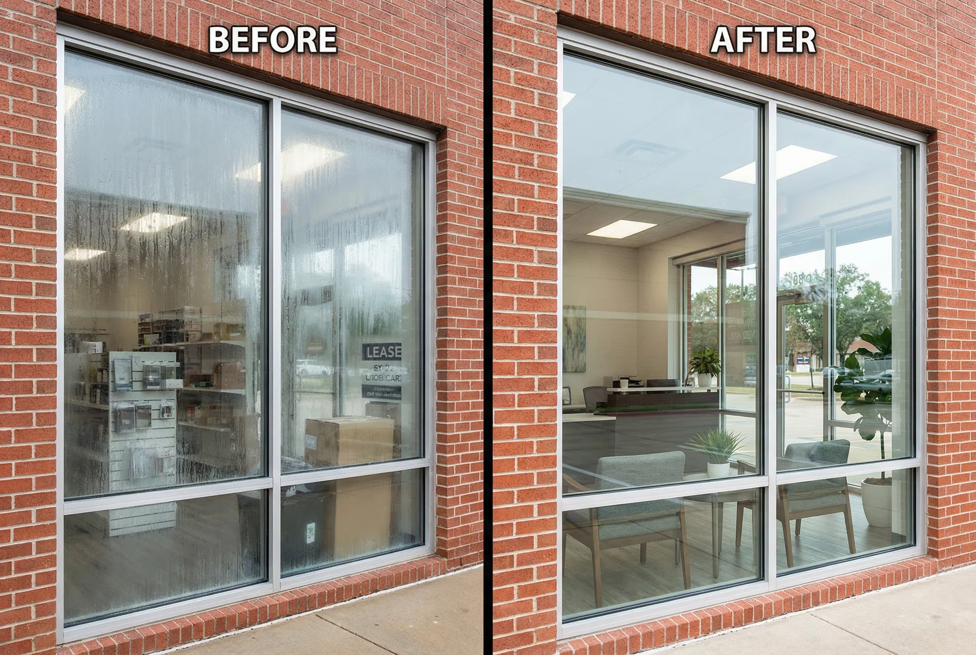 Before and after foggy glass replacement - Commercial Storefront Glass in Richardson, TX