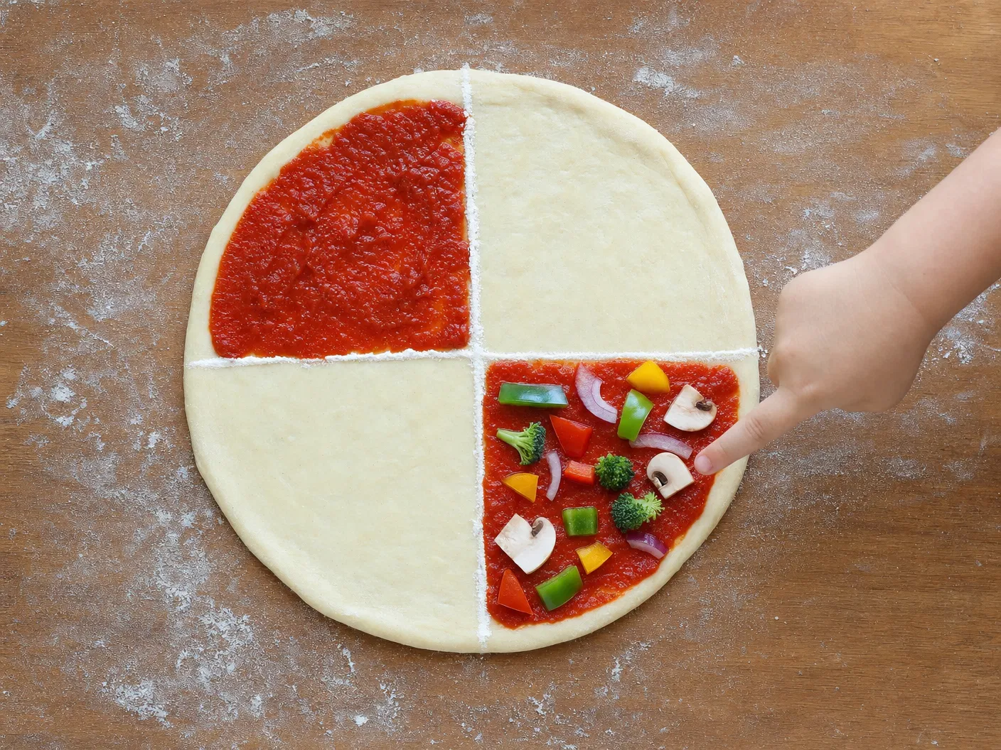 Pizza dough divided into quarters for fractions lesson