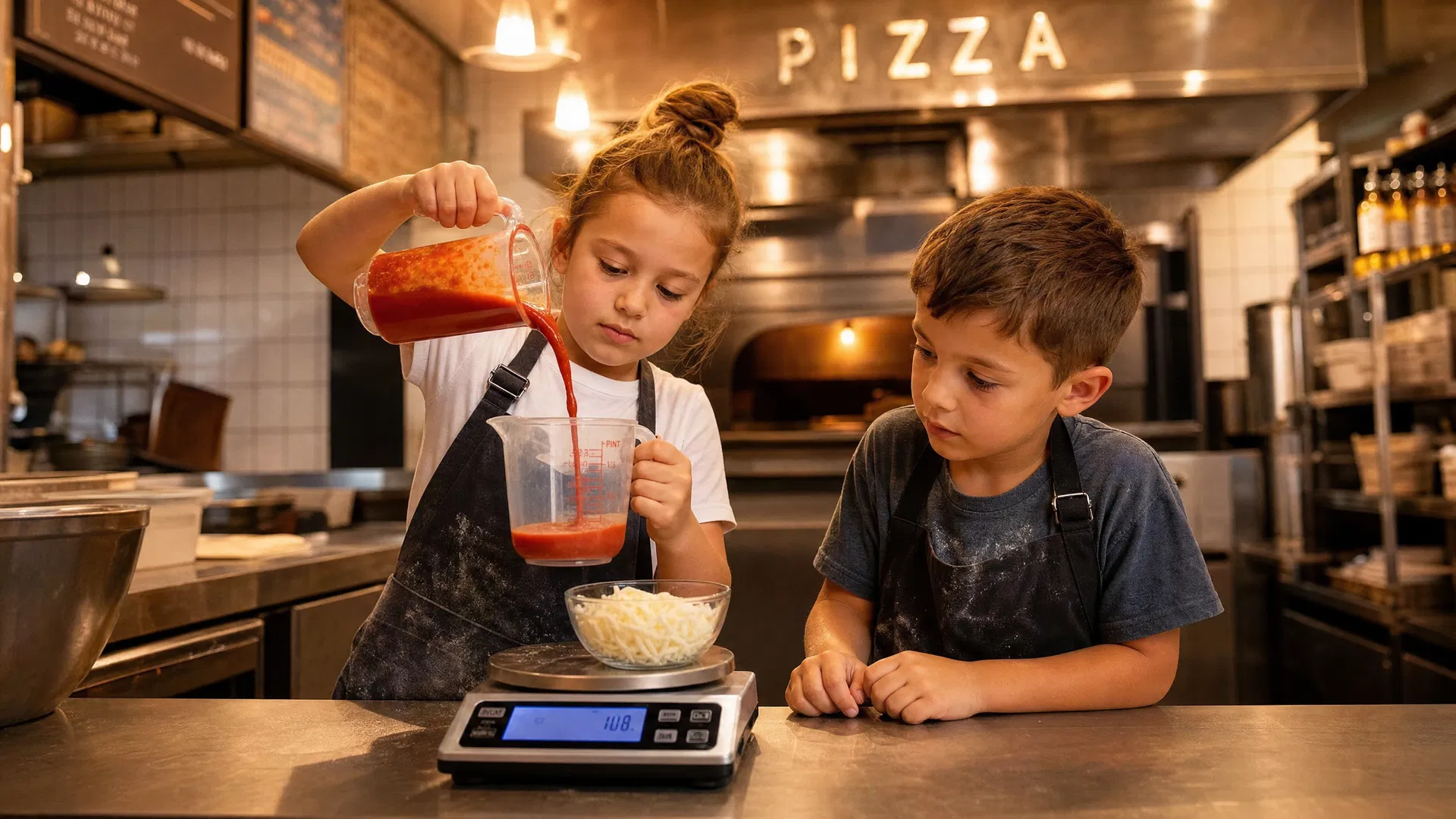 Children measuring pizza ingredients in a restaurant kitchen