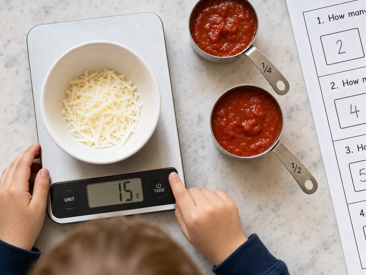 Child measuring cheese on a digital scale