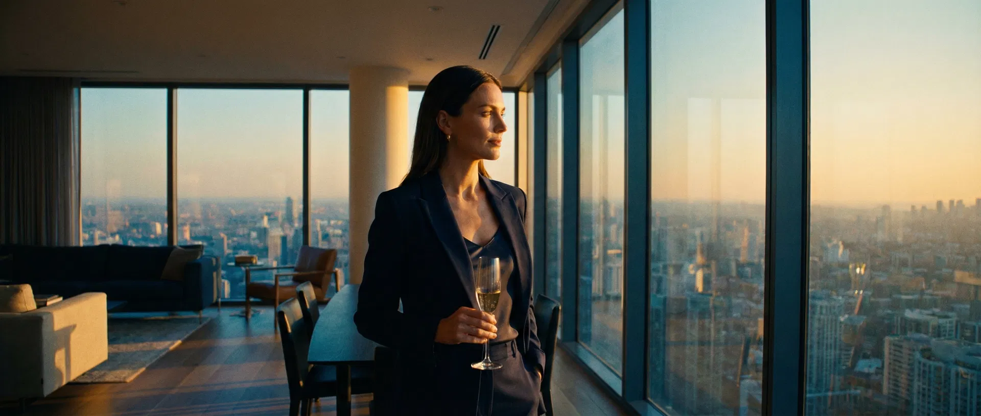 Confident woman looking at city skyline at golden hour