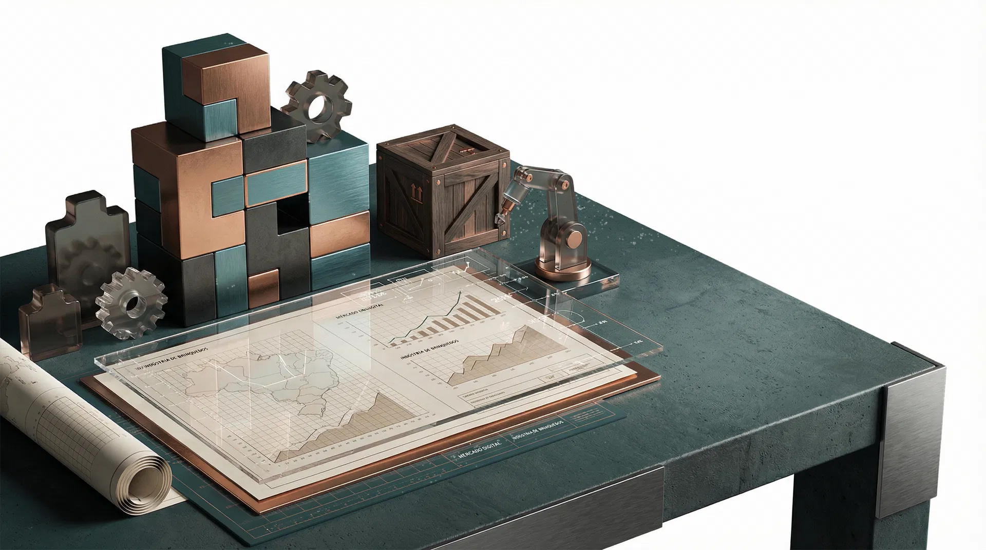 Composição editorial do IDCIBrin com peças industriais, blocos modulares e gráficos de mercado