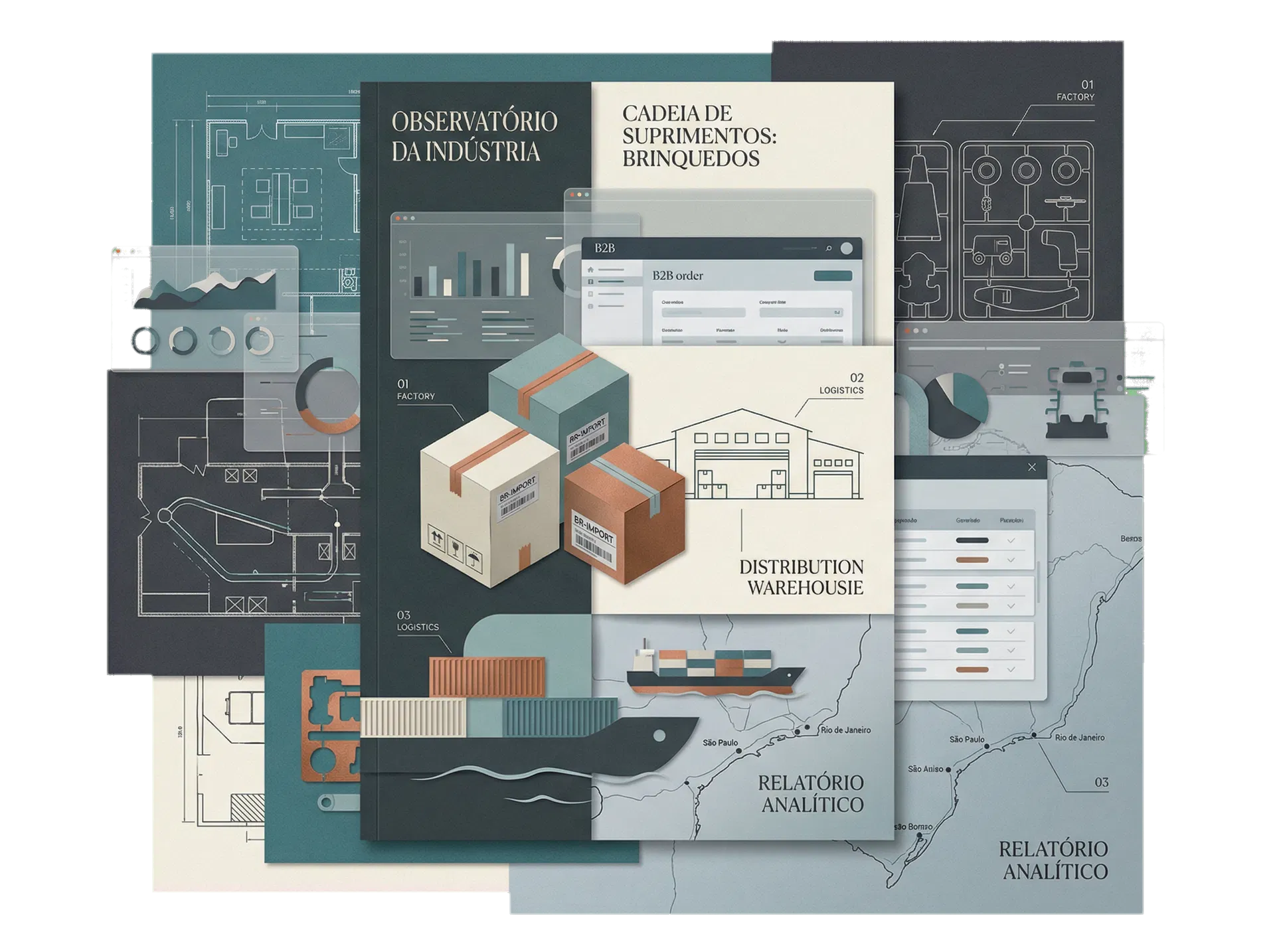 Colagem editorial sobre indústria, distribuição, importação e comércio digital no setor de brinquedos