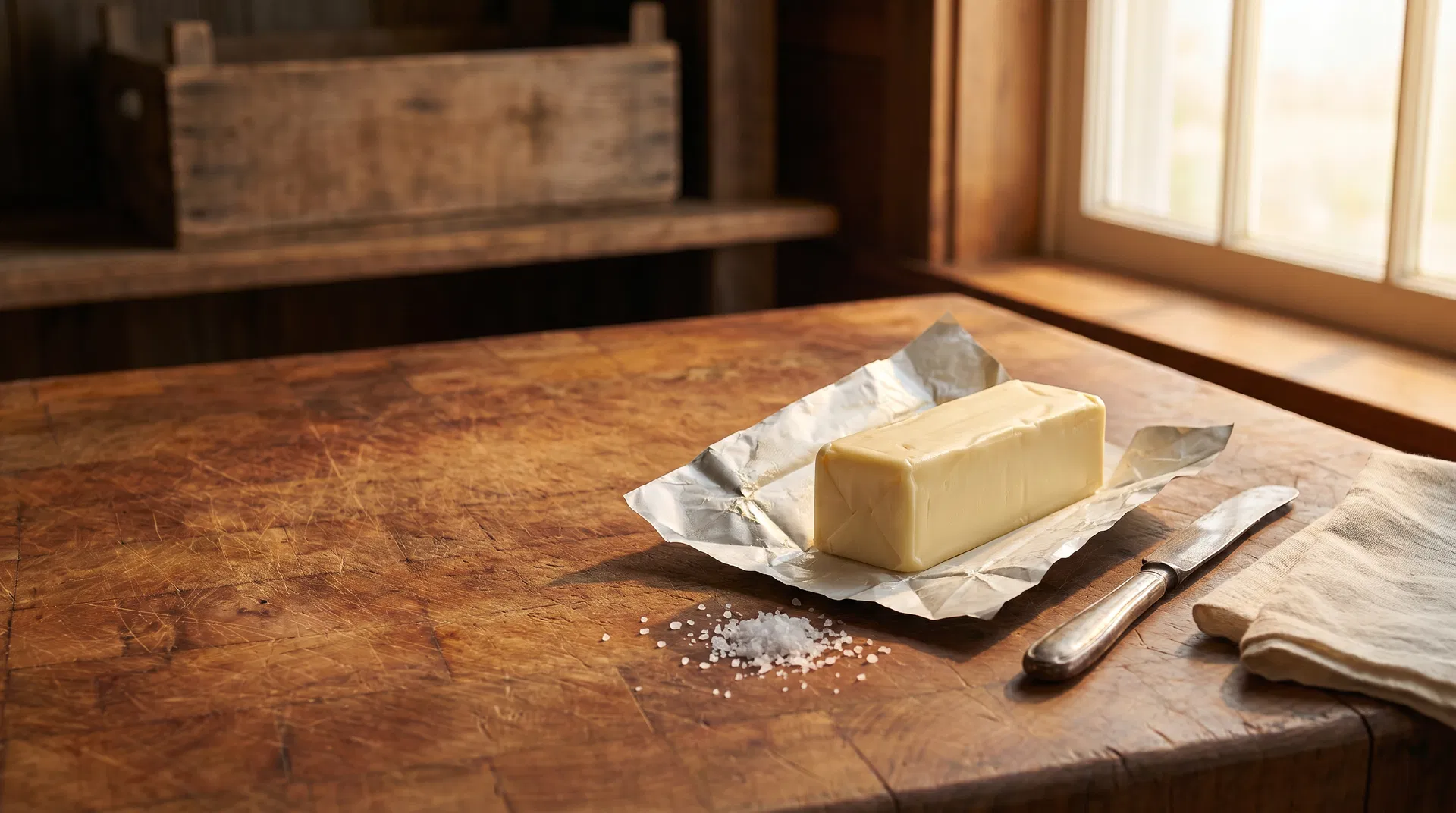 Editorial still of Red Barn butter on foil beside a knife and salt in warm morning creamery light.