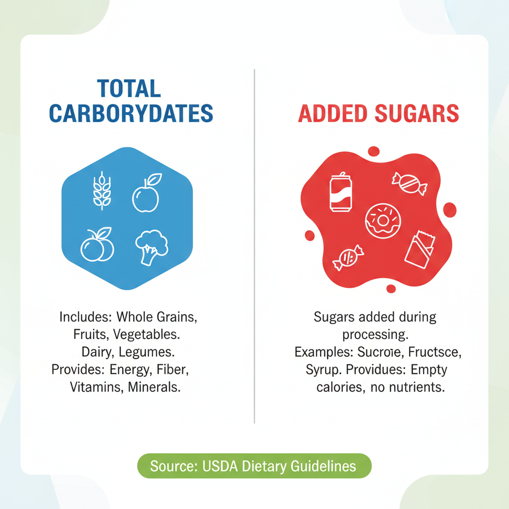 Visual comparison showing Total Carbohydrates versus Added Sugars to explain U.S. carbohydrate intake trends