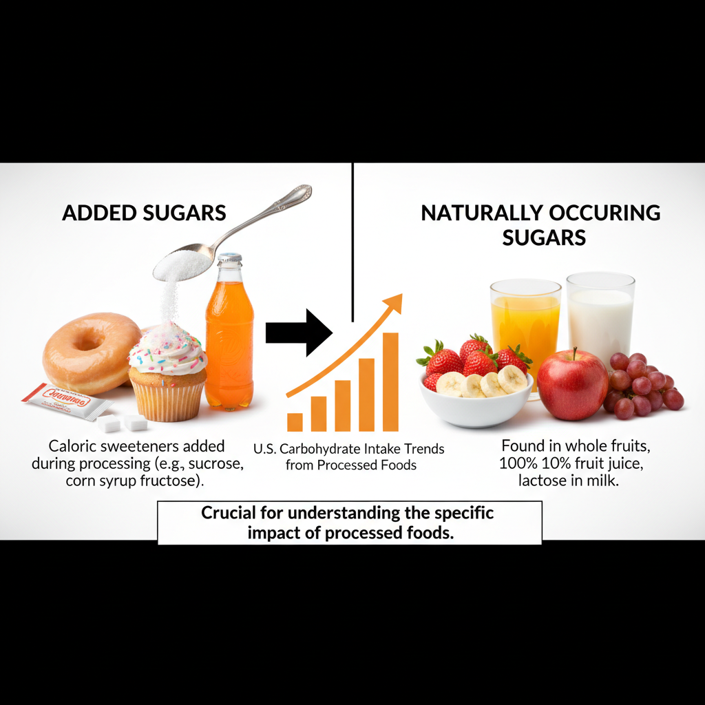 Added sugars are defined as caloric sweeteners incorporated into foods during their preparation or processing, explicitly excluding naturally occurring sugars found in whole fruits, 100% fruit juice, and lactose in milk. This distinction is crucial for understanding the specific impact of processed foods on U.S. carbohydrate intake trends. related to U.S. carbohydrate intake trends