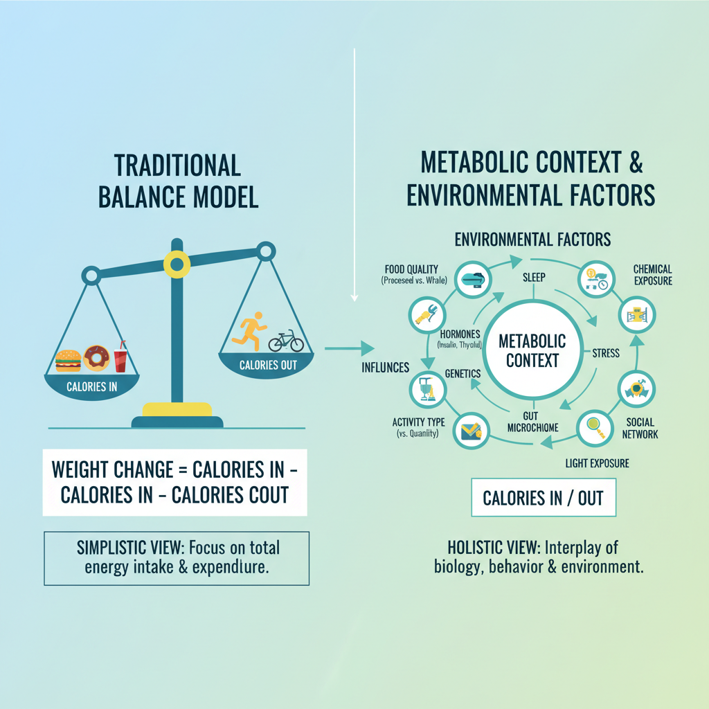 Visual comparison showing Traditional Energy Balance Model (Calories In/Out) versus Metabolic Context & Environmental Factors to explain secular trends in obesity