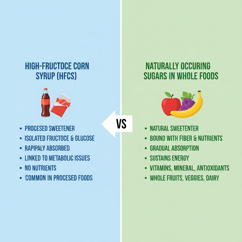 Visual comparison showing High-Fructose Corn Syrup (HFCS) versus Naturally occurring sugars in whole foods to explain added sugar intake trends
