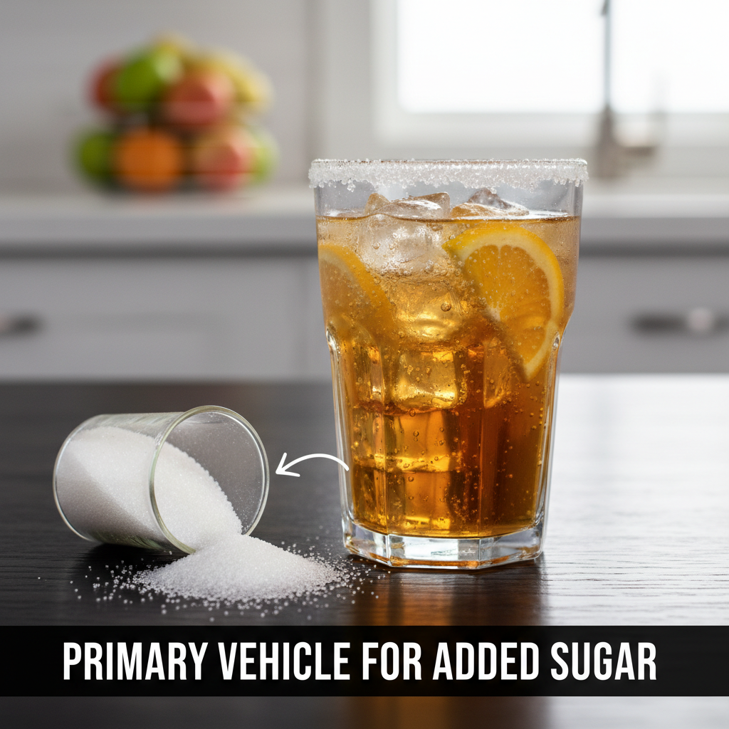 A close-up of a sugar-sweetened beverage, such as a soda or fruit-flavored drink, illustrating the primary vehicle for high added sugar intake in many diets. related to added sugar intake trends