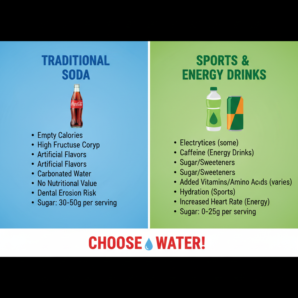 Visual comparison showing Traditional Soda versus Sports and Energy Drinks to explain Sugar-Sweetened Beverage Consumption