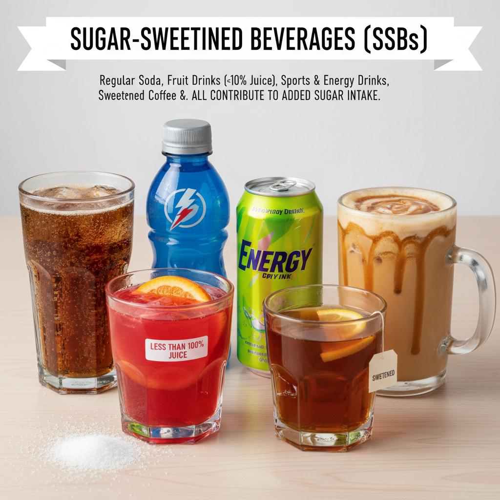 Sugar-Sweetened Beverages (SSBs) encompass a broad category of liquids including regular soda, fruit drinks with less than 100% juice, sports and energy drinks, and sweetened coffee or tea products, all contributing to added sugar intake. related to Sugar-Sweetened Beverage Consumption