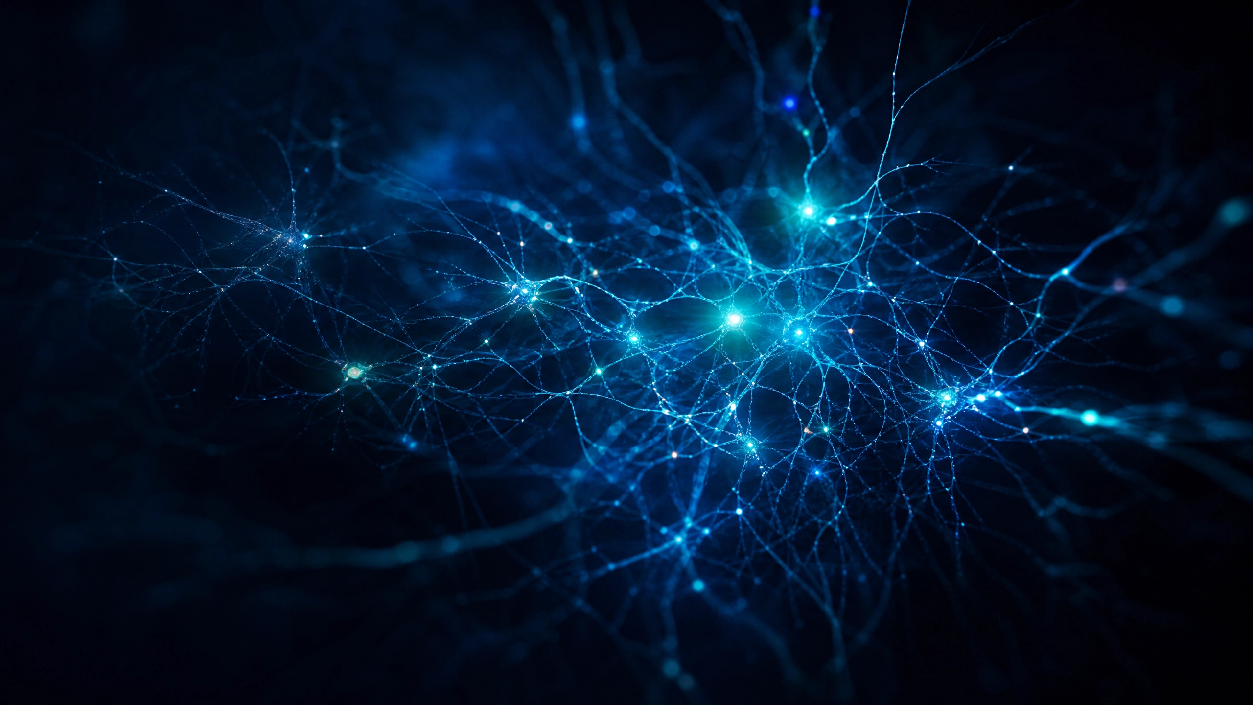 Abstract neural network of glowing blue threads against a dark navy background, some threads dimming at the edges