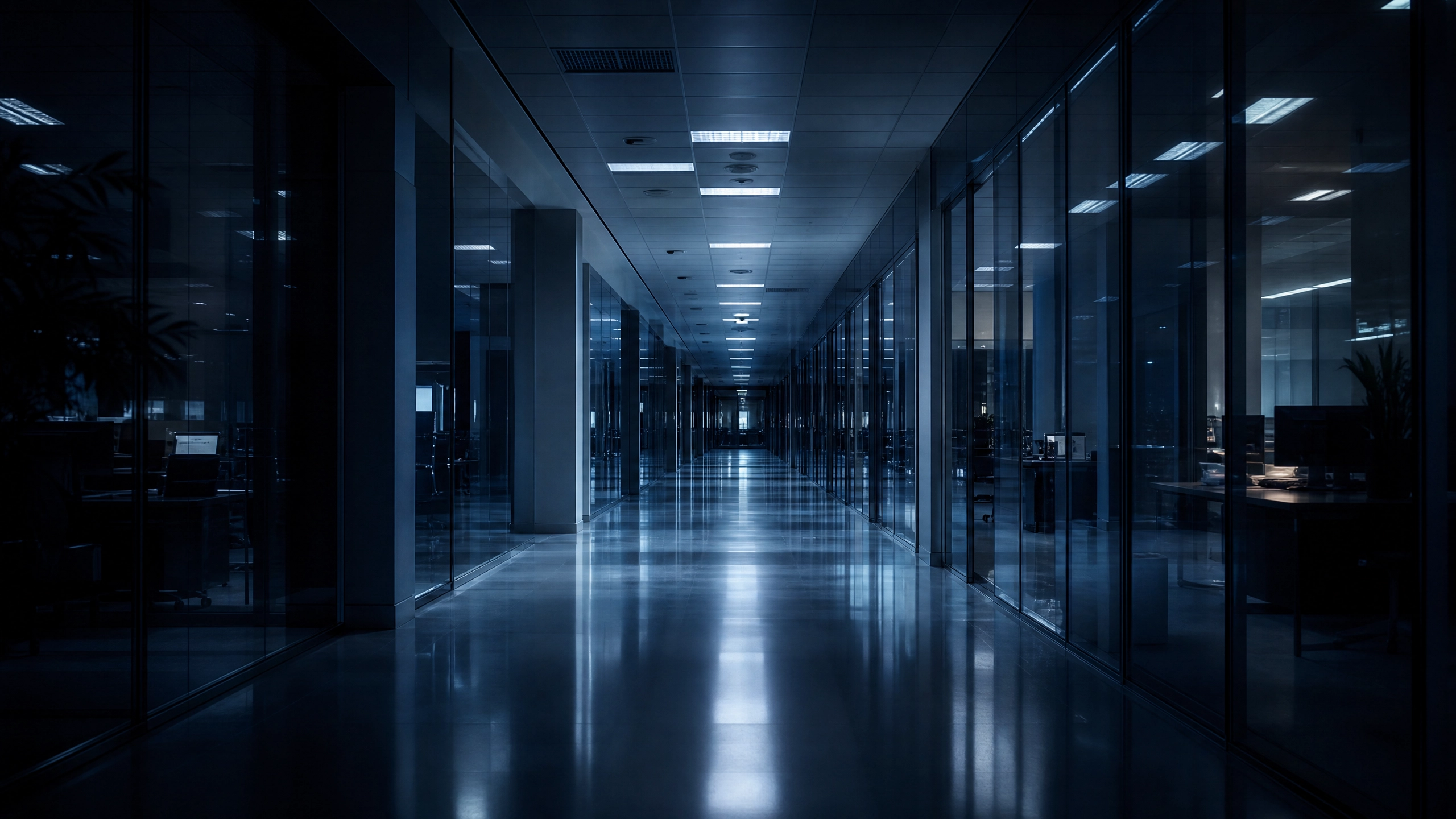 Empty modern corporate corridor at night lit with cool blue-white light, long perspective lines to a distant vanishing point