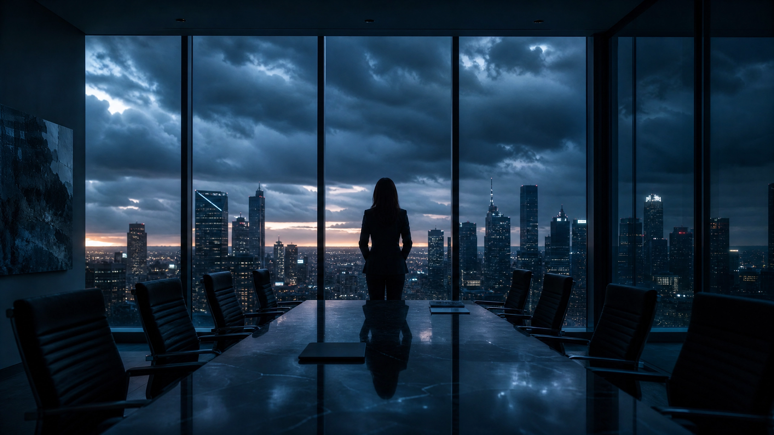 Silhouette of a woman standing at floor-to-ceiling boardroom windows overlooking a dark stormy city skyline
